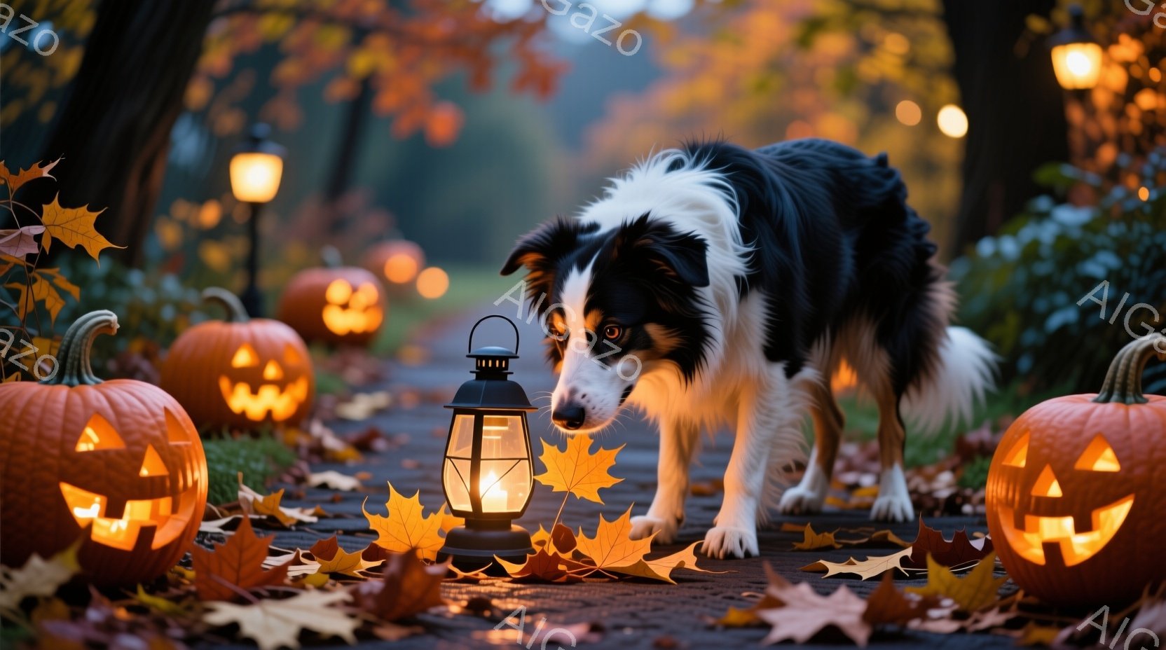ハロウィーンの雰囲気漂う道に、ボーダーコリーが佇んでいます。道端には、ジャック・オー・ランタンが灯り、落ち葉が散らばり、秋の暖かさと祝祭感を演出しています。犬は少し上目遣いで、どこかを見つめており、その表情は好奇心と穏やかさが混ざり合っています。