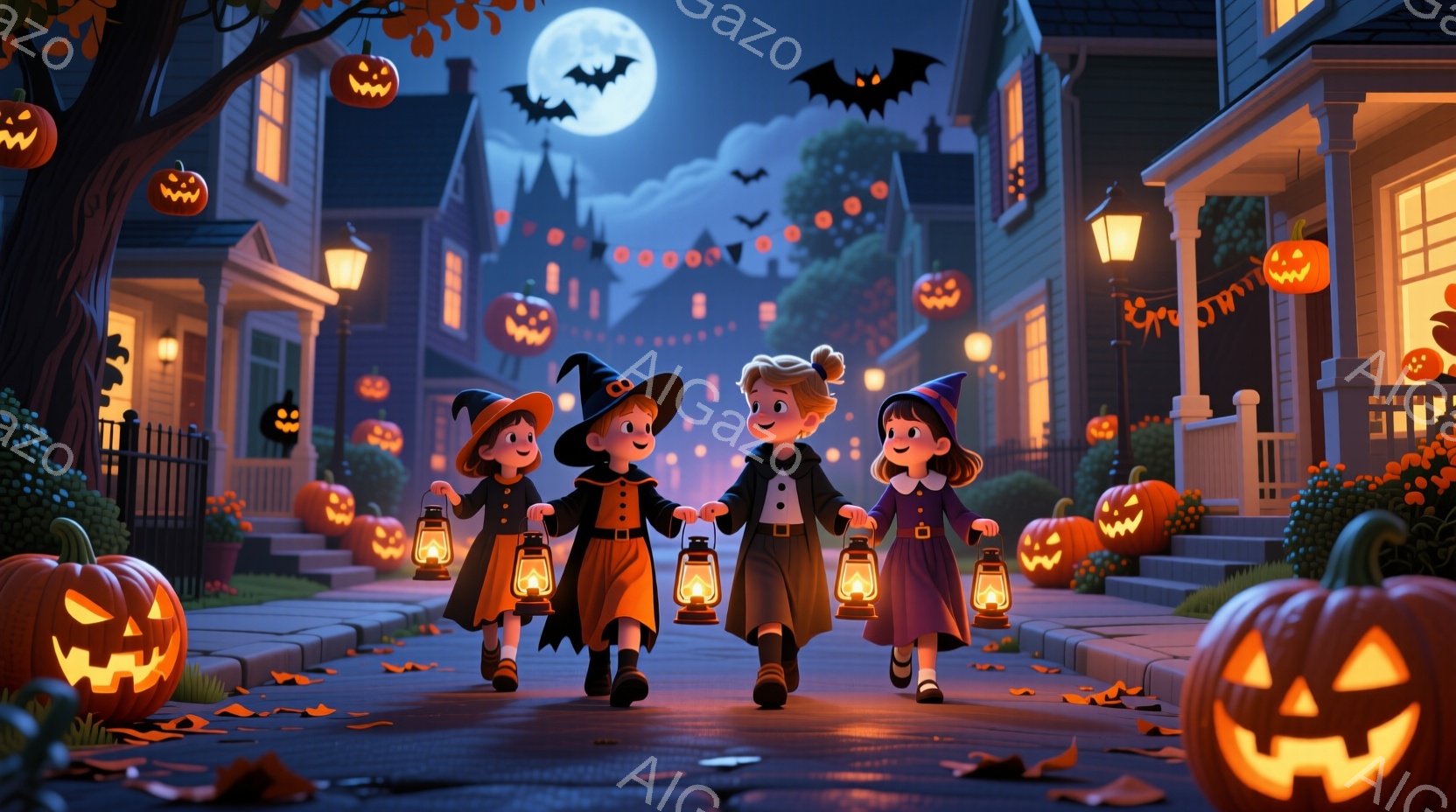 ハロウィーンの夜、4人の子どもたちが提灯を持って歩いている様子が描かれています。それぞれハロウィーンらしい衣装を着ており、女の子たちは魔女帽子をかぶり、男の子はスーツのような服装をしています。背景には - AI生成フリー素材