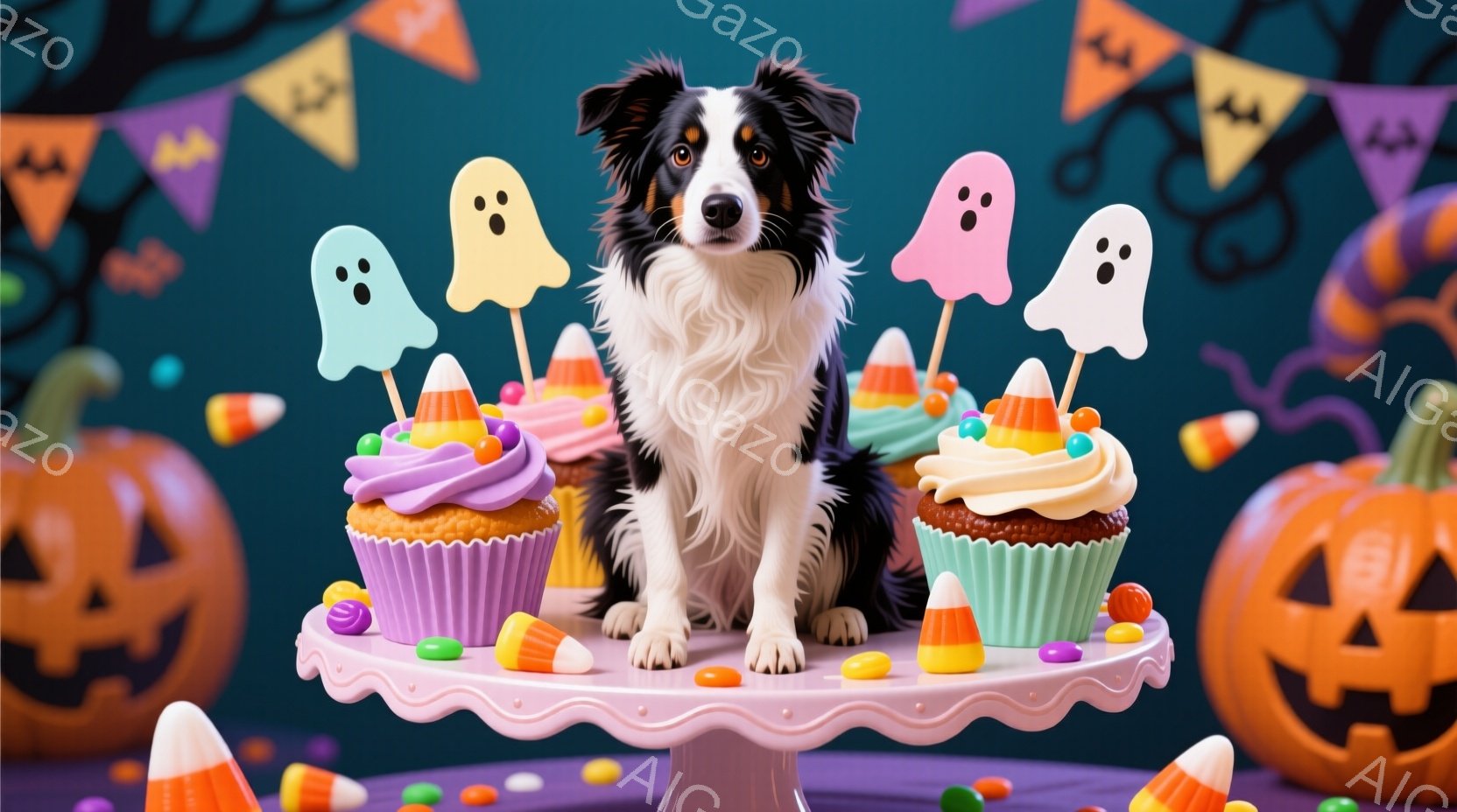 黒と白のボーダーコリーが、ハロウィーンをテーマにしたケーキスタンドの上に座っています。ケーキは紫やピンクのアイシングで飾られ、キャンディコーンや幽霊の形をした飾り付けが施されています。背景には、ジャッ - AI生成フリー素材
