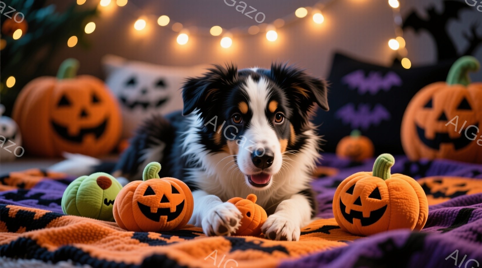 スタッフォード・カーリール (スピックス・コッグ) という犬が主役です。犬は柔らかな白と黒の毛に覆われており、鮮やかな表情を持っています。その様子は眠そうで、しっかりとした姿勢を示しています。 全体の雰囲気は、ホワイトハリー (ホロウィン) のような、少し奇妙で興味深い感覚を与えます。犬がパンプキンに囲まれて座っているという情景は、明るく楽しいホワイトハリーのような照片の印象を感じさせます。