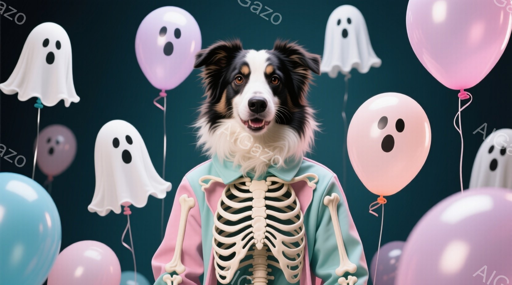 白と黒の毛並みを持つ犬が、ハロウィーン風の骨格プリントのジャケットを着て正面を向いています。ピンクと水色のカラーブロックが特徴的なジャケットは、犬の毛並みとコントラストをなしています。背景には、パステ - AI生成フリー素材