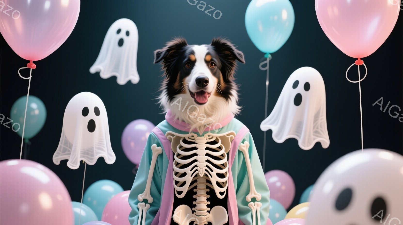 茶色の毛並みで、骨格のコスチュームを着て、水色のマントを羽織ったボーダーコリーが写っています。コリーはまっすぐ前を向き、少し微笑んでいるように見え、ハロウィーンの雰囲気を醸し出しています。背景には、水 - AI生成フリー素材