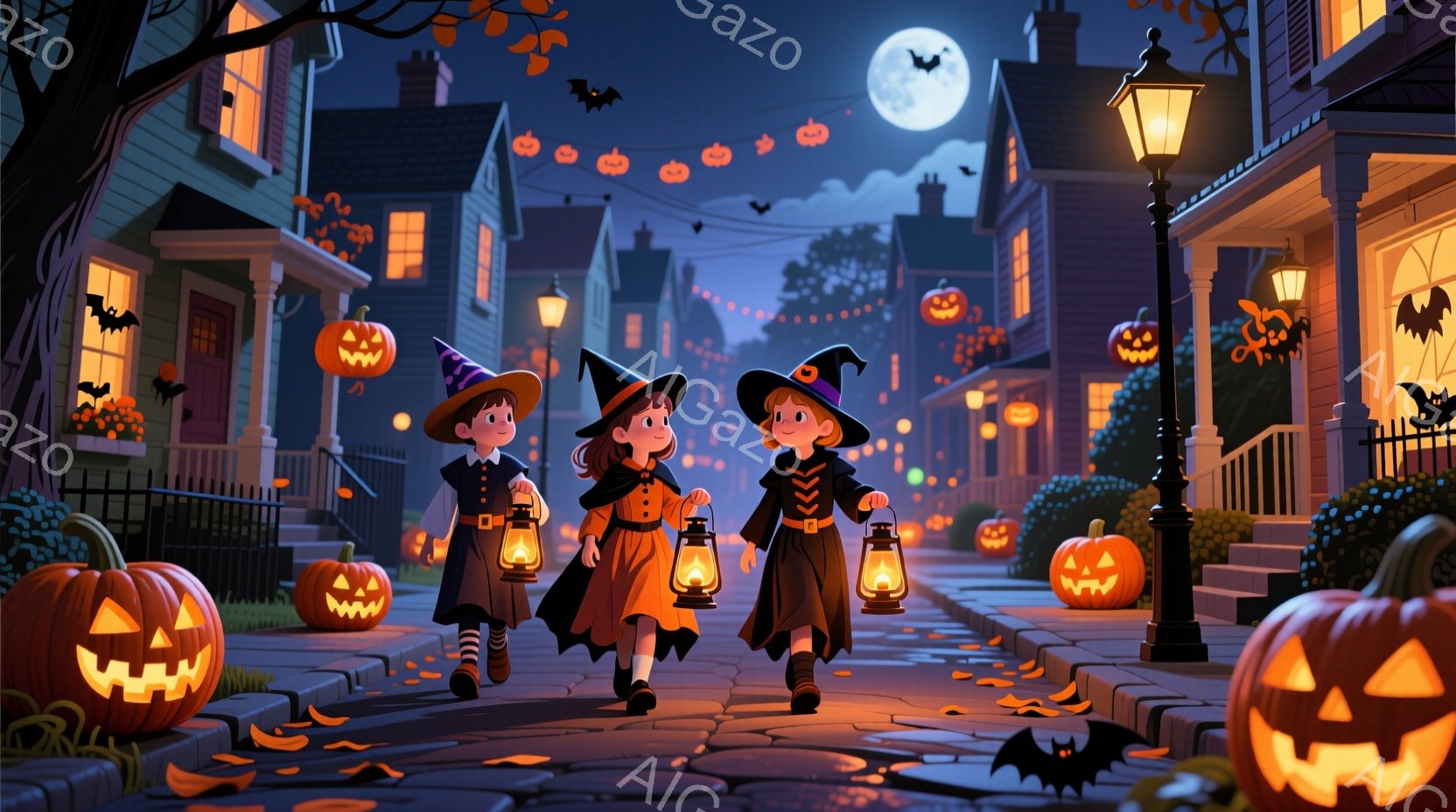 ハロウィーンの夜、３人の子供たちが提灯を手に歩いている。黒い帽子とハロウィーンをテーマにした衣装を着ており、それぞれ少し異なるデザインの衣装を着ている。背景には、カボチャのランタンで飾られた家々が並び - AI生成フリー素材