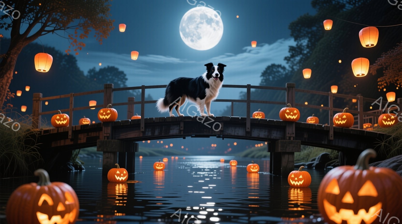 満月の夜、木製の橋の上にボーダーコリーが誇らしげに立っている。橋の下の池には、たくさんのジャック・オー・ランタンが浮かび、周囲はオレンジ色の光で照らされている。背景には木々が見え、水面には月光が反射し、幻想的な雰囲気を醸し出している。