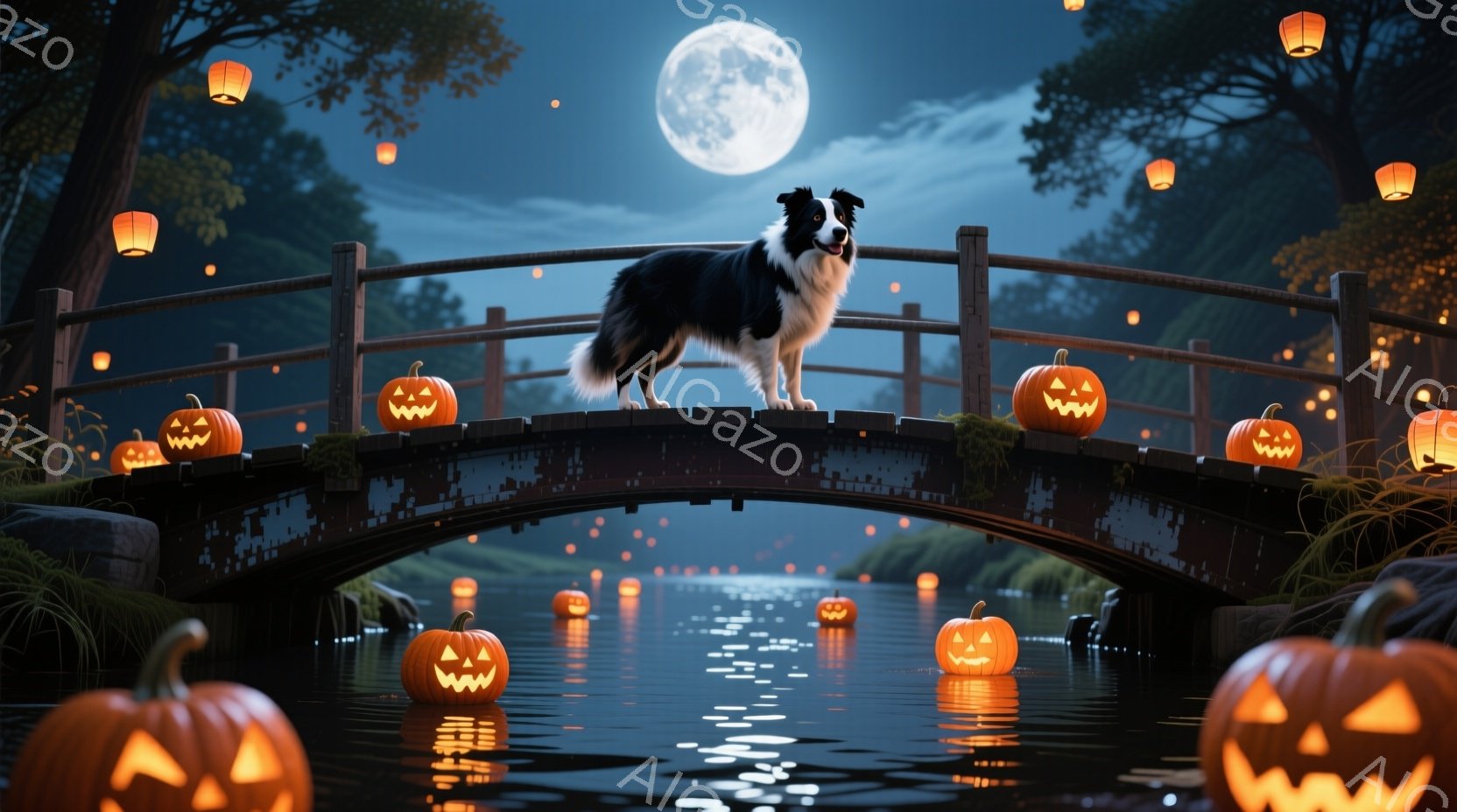 暗い夜の小川にかかる木製の橋の上に、黒と白のボーダーコリーが堂々と立っている。周りにはオレンジ色のジャック・オ・ランタンが浮かび、月明かりが水面に反射して幻想的な雰囲気を醸し出している。夜空には雲が流れ、全体的にハロウィーンの夜の静かで神秘的な光景が広がっている。