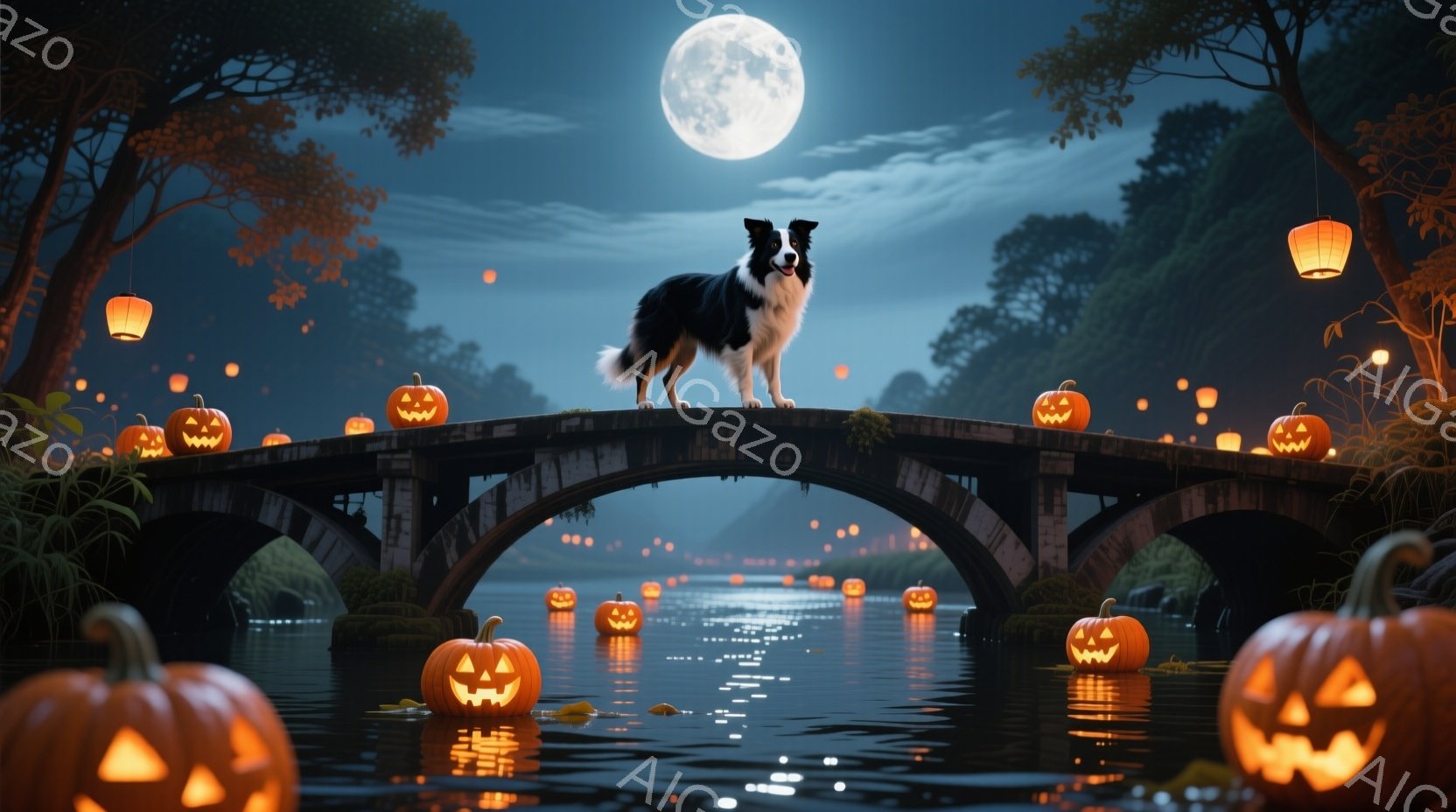 アーチ型の橋の上には、毛並みの美しいボーダーコリーが誇らしげに立っている。周囲の暗い水面と橋全体には、様々な大きさのジャック・オ・ランタンが浮かび、または置かれ、満月が夜空を照らしている。全体的にハロ - AI生成フリー素材