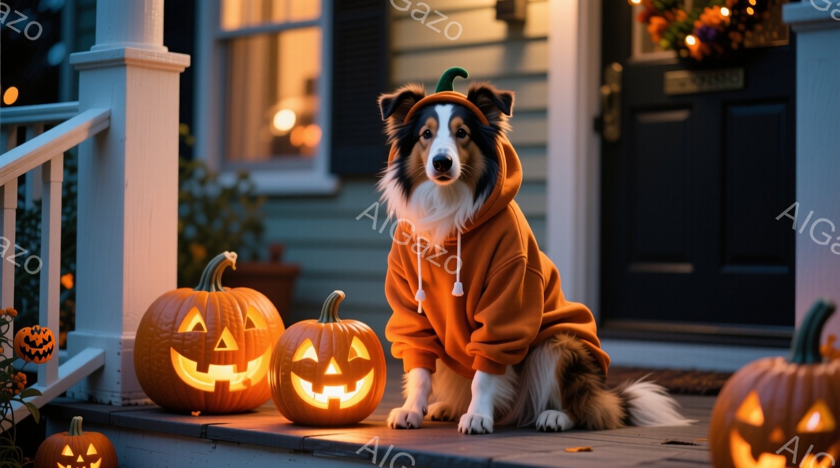 白と茶色のボーダーコリーが、かぼちゃの衣装を着て、ポーチの階段に座っています。周りには、点灯したジャック・オー・ランタンがいくつか並べられており、背景には薄暗い住宅が見えます。全体的にハロウィンの温かく楽しい雰囲気を醸し出しています。