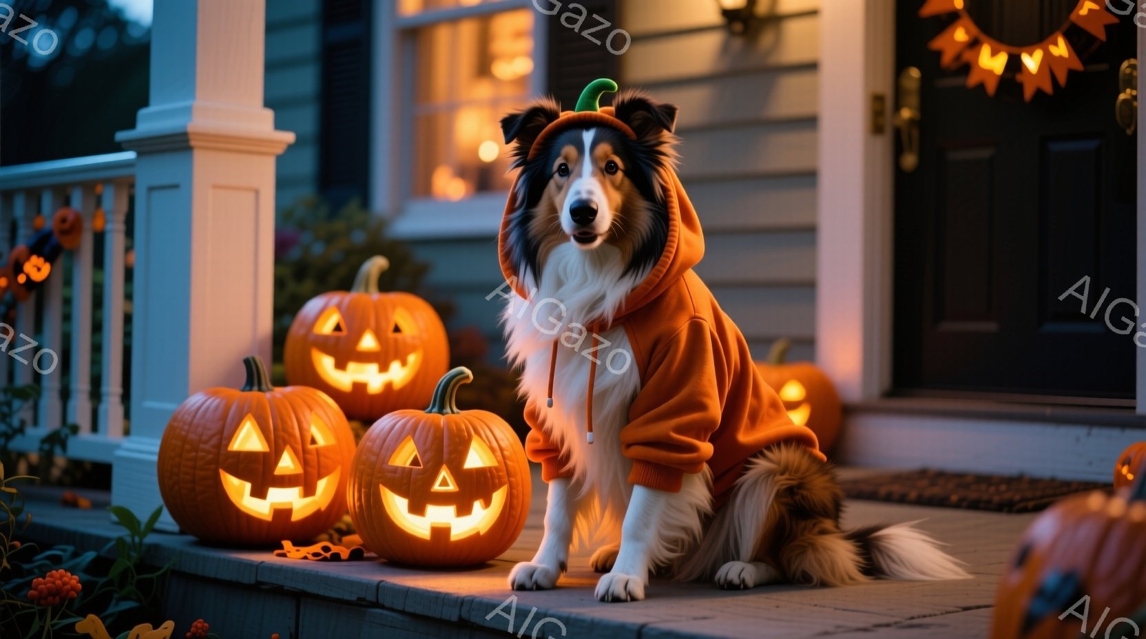 オレンジ色のハロウィン風の衣装を着たボーダーコリーが、ジャック・オー・ランタンに囲まれてベランダの階段に座っています。犬は前足を揃えて座り、穏やかな表情で正面を見ています。背景には、飾られた玄関と、夕 - AI生成フリー素材