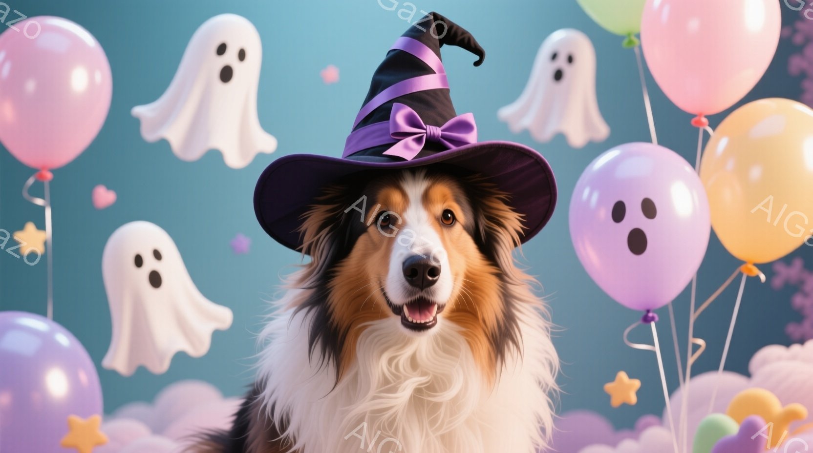 長毛のコリー犬が、紫色の魔女帽子を被って正面を見ています。犬は口を開けて楽しそうに微笑んでおり、その表情は陽気で愛らしいです。背景には、紫、ピンク、黄色の風船、可愛らしいお化けの形をした飾り、そして淡い紫色の雲が浮かび、ハロウィーンのようなお祝いの雰囲気を醸し出しています。