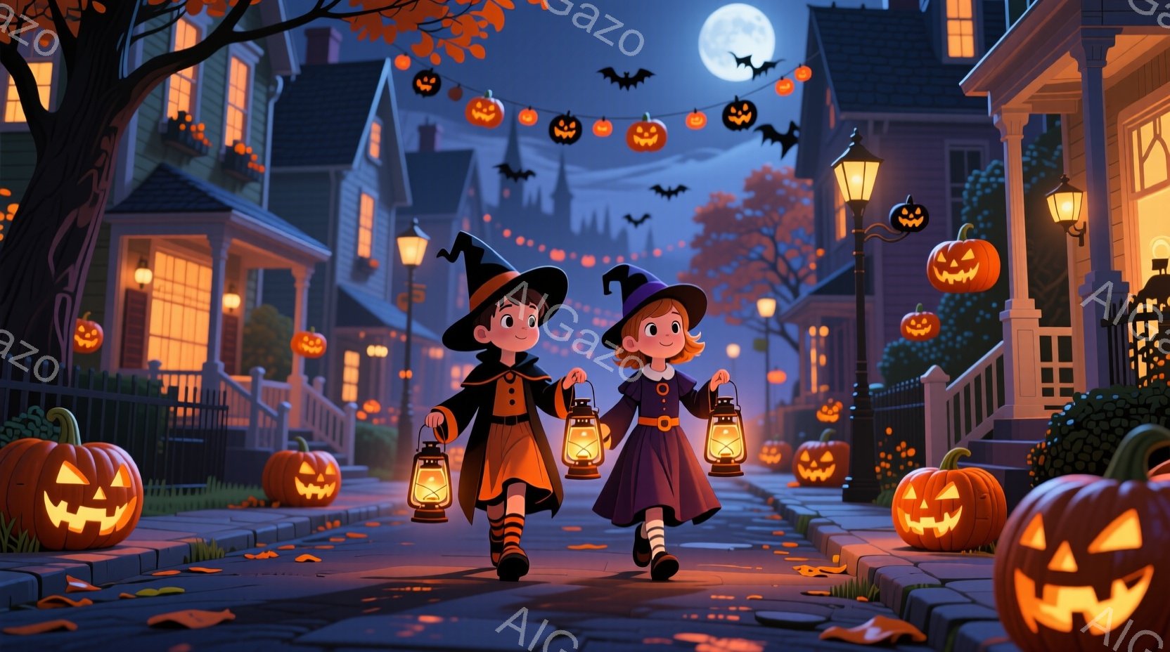 2人の子供が、ハロウィーンの夜の通りを提灯を手に歩いています。少年は黒いコートと帽子を着用し、少女は紫色のドレスと帽子を着用しており、どちらも楽しそうな表情をしています。背景には、カボチャのランタンや - AI生成フリー素材