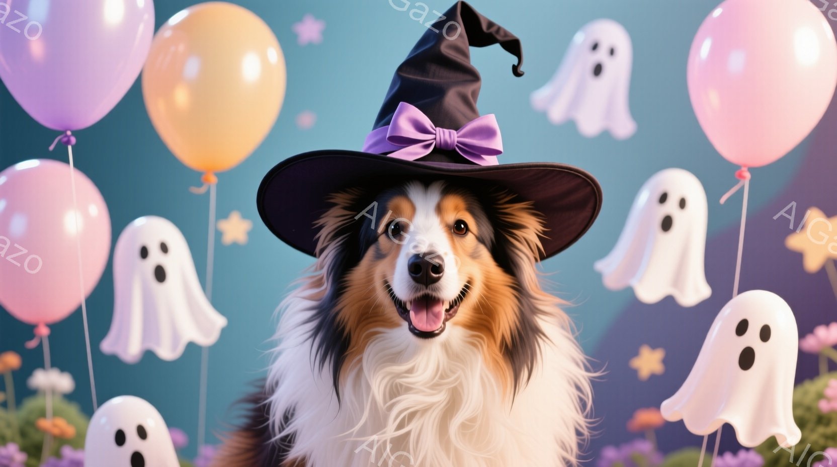 美しいシェットランドシープドッグが、紫のリボンが付いた黒い魔女帽子をかぶって正面を見つめています。犬は口を開けて微笑んでおり、ふわふわとした毛並みが特徴的です。背景には、パステルカラーの風船や幽霊のイラストが浮かび、ハロウィーンらしい華やかで楽しい雰囲気が漂っています。
