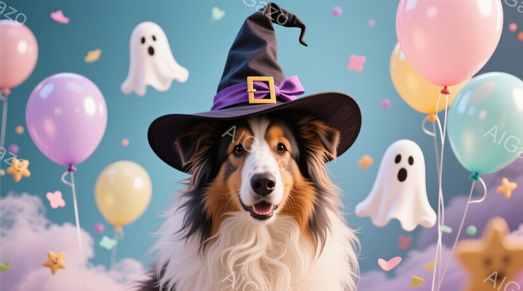 美しいコリー犬がハロウィーンの魔女帽子をかぶって正面を見つめています。犬は笑顔で、背景にはパステルカラーの風船や幽霊、星の形のオブジェクトが浮かんでおり、お祝いの雰囲気を醸し出しています。全体的に、明 - AI生成フリー素材