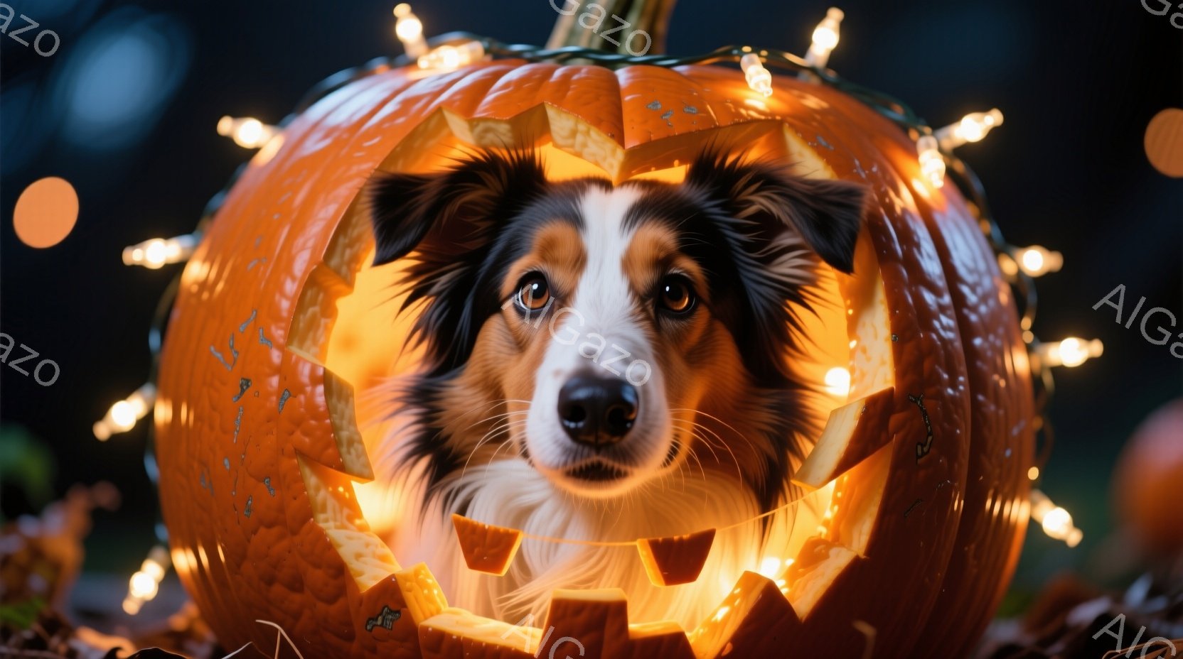 大きなくり抜かれたカボチャの中に、毛並みの美しい茶色と黒のボーダーコリーが顔を出しています。犬は正面を見ており、表情は穏やかで、好奇心に満ちています。カボチャの内部は明るいオレンジ色に光っており、背景 - AI生成フリー素材