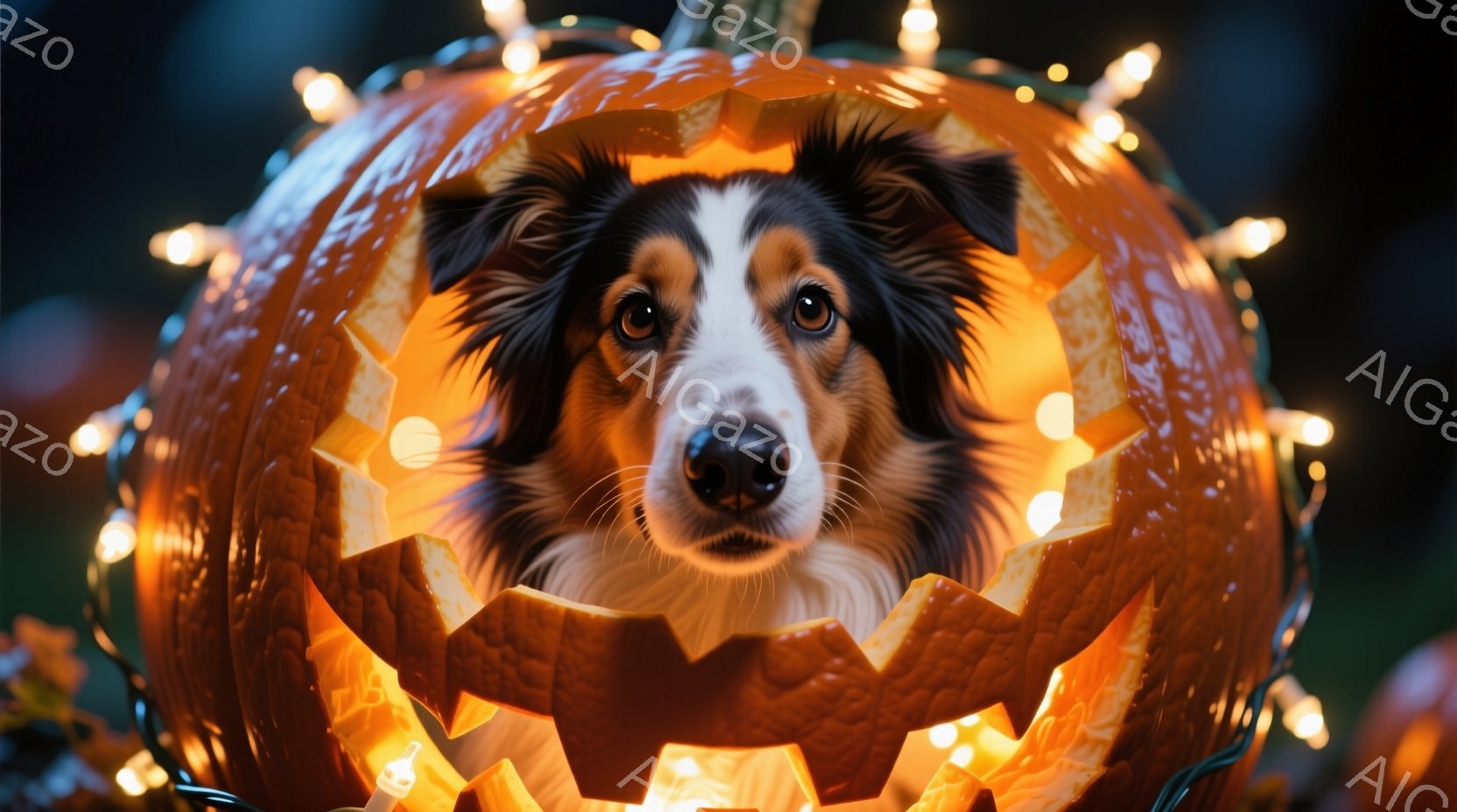 犬はお化けピンポークの中に入っており、その顔が覗えるように設置されています。犬は白と黒の毛色であり、優しい表情をしています。 背景には真夜中の風景があり、スポットライトが点在している。楽しげであり、ハロウィンの雰囲気を感じさせます。