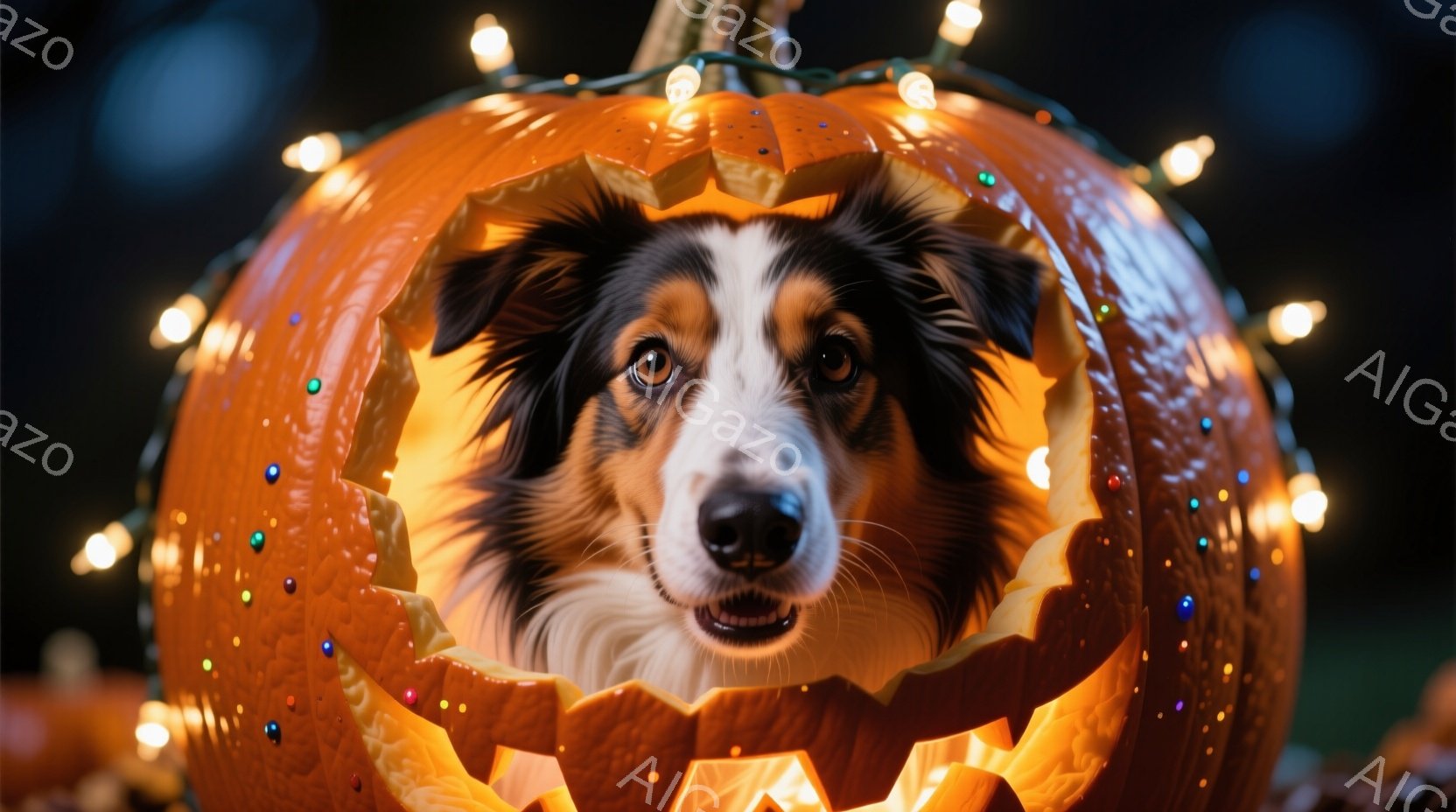 大きく彫られたハロウィンのカボチャの中に、茶色と黒の毛並みを持つ犬が顔を出しています。犬は口を開けて微笑んでおり、その表情は陽気で愛らしいです。カボチャはカラフルなライトで飾られ、背景は暗く、全体的に - AI生成フリー素材