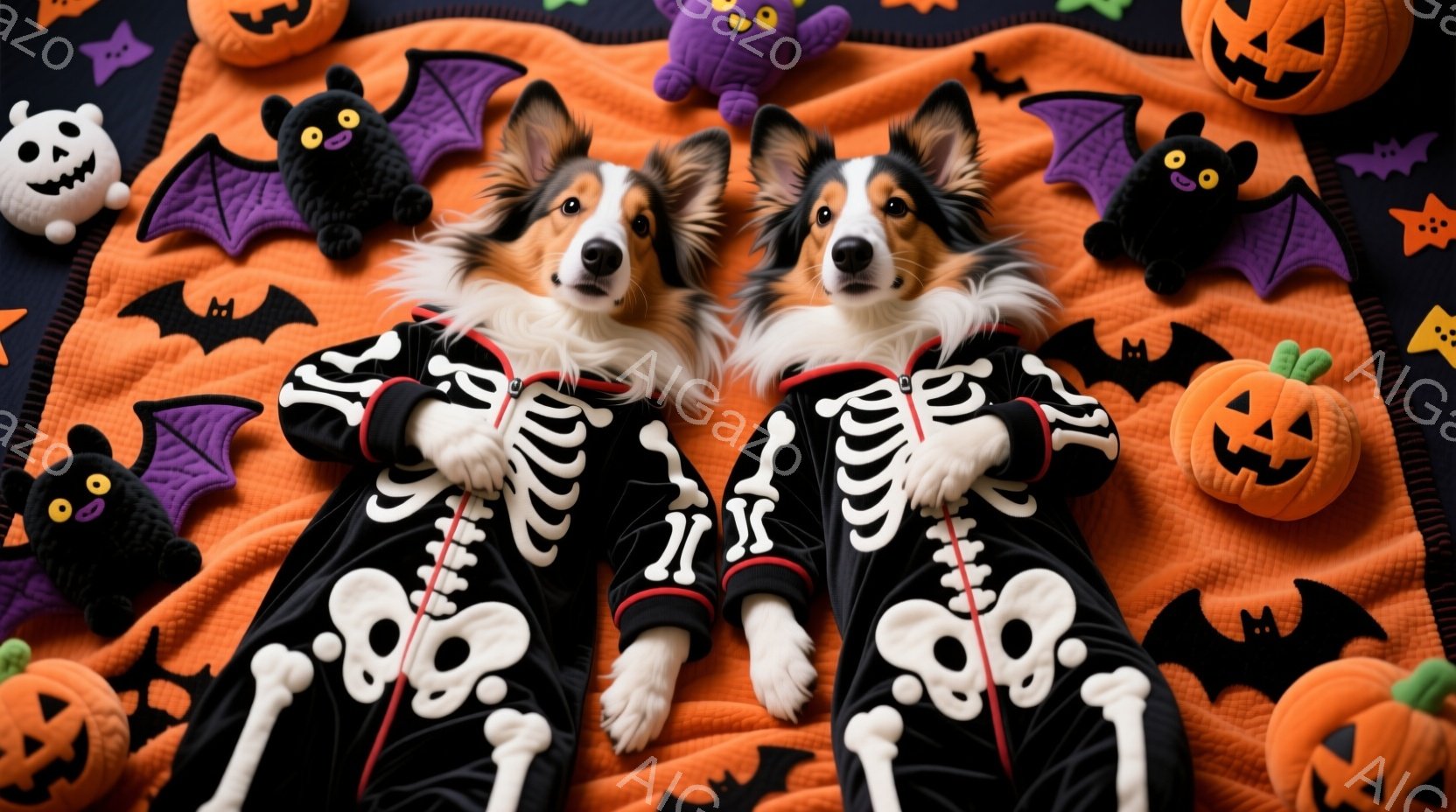 オレンジ色の背景に、骸骨の模様がプリントされた黒い衣装を着た２匹の犬が写っています。犬たちは前足を伸ばして横たわっており、少し顔を見合わせています。背景には、ハロウィーンを象徴するカボチャやコウモリの - AI生成フリー素材