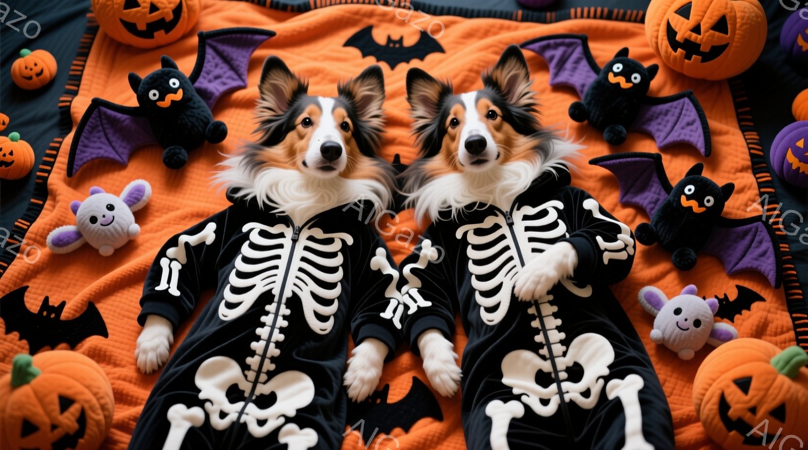 オレンジ色の背景に、骸骨の模様が入った黒い衣装を着た2匹の犬が横たわっています。犬たちは白い毛並みで、リラックスした表情でカメラを見ており、ハロウィーンの雰囲気を演出しています。背景には、カボチャのぬ - AI生成フリー素材