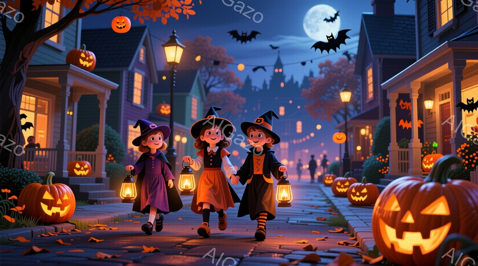 ハロウィーンの夜、3人の少女が提灯を手に通りを歩いている。それぞれ黒い魔女帽子をかぶり、黒や紫色のドレスを着ている。背景には、カボチャのランタンや装飾で飾られた家々が並び、夜空には満月とコウモリが浮か - AI生成フリー素材