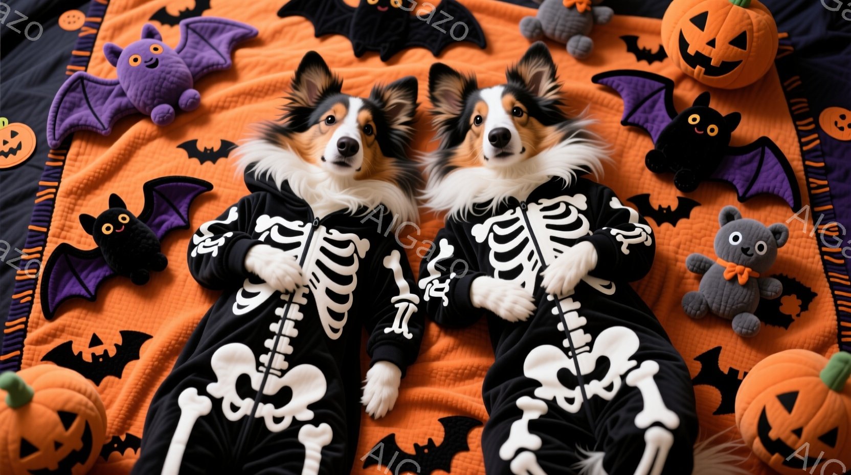 オレンジ色の背景に、骸骨柄の衣装を着た二匹のボーダーコリーが並んで横たわっています。彼らはリラックスした表情で、ハロウィーンの飾りであるカボチャやお化けのぬいぐるみ、コウモリに囲まれています。全体的に - AI生成フリー素材