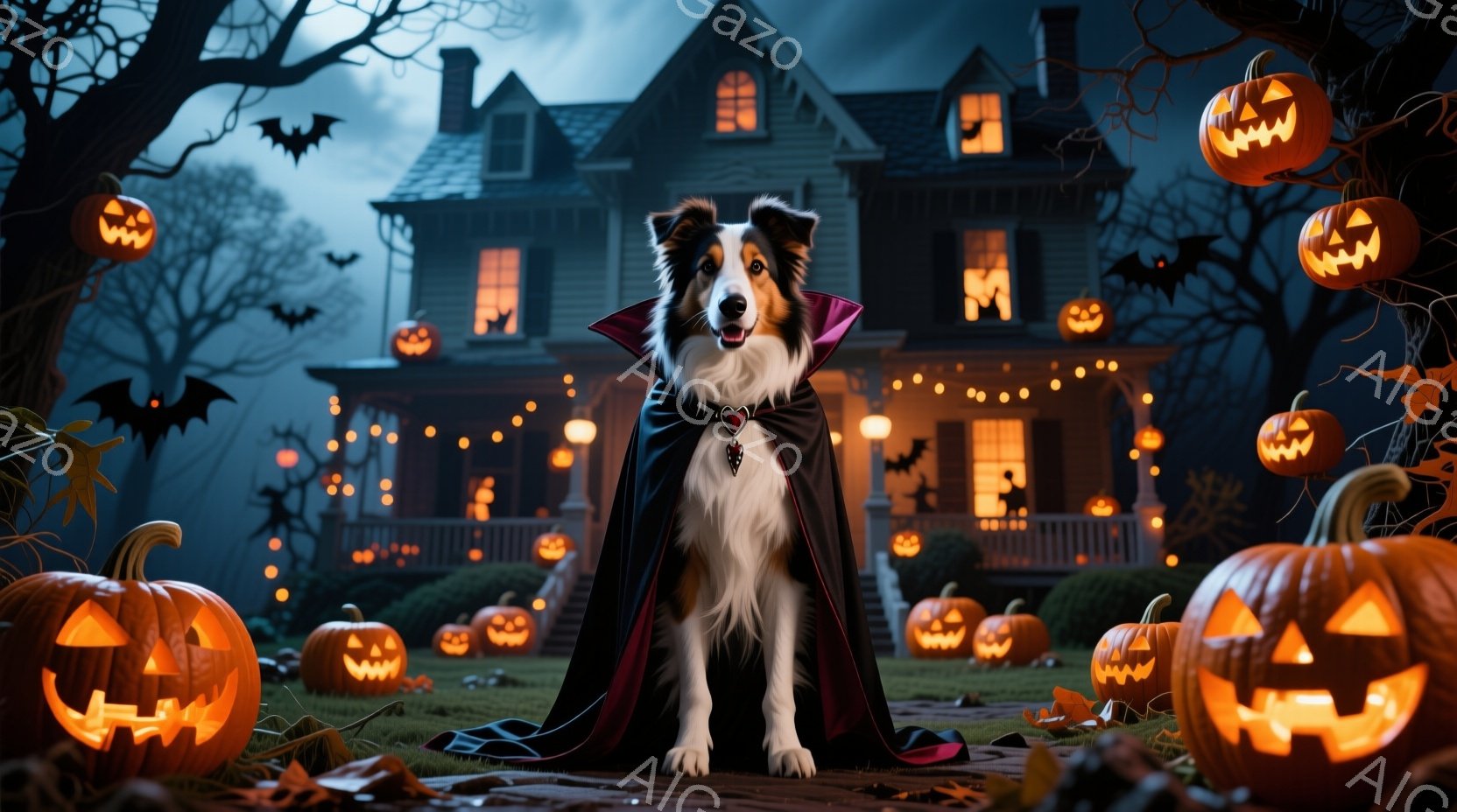 ハロウィーンの夜、ボーダーコリーが吸血鬼風のケープと襟を付けて、庭の真ん中に座っています。背景には、カボチャのランタンで飾られた、薄暗いライトが点いている不気味な屋敷があり、夜空にはコウモリが飛び交っ - AI生成フリー素材