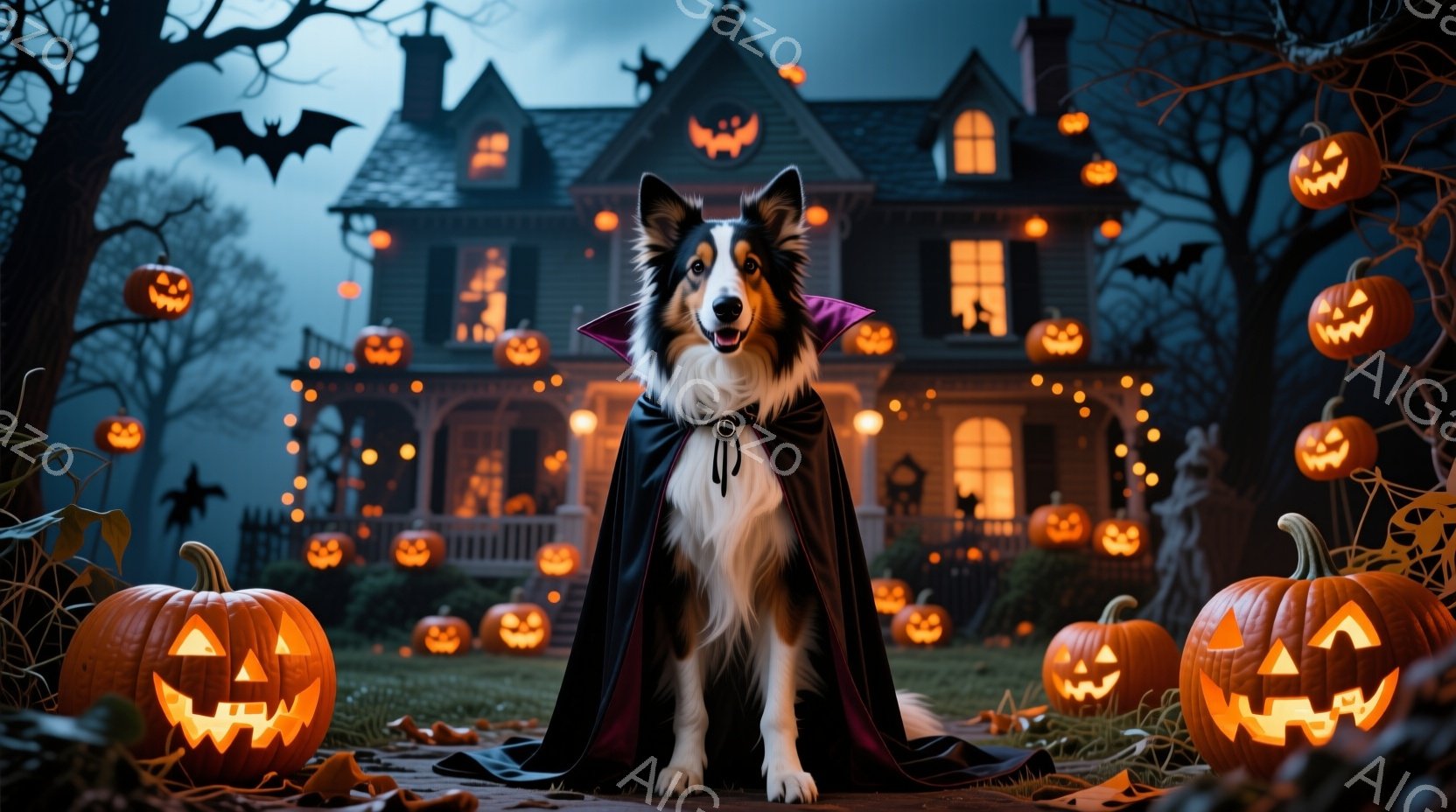 ハロウィーンをテーマにした画像で、ボーダーコリーが黒いマントを羽織って正面を向いています。背景には、たくさんのジャック・オ・ランタンで飾られた古い屋敷と、暗い空を飛ぶコウモリが描かれ、ハロウィーンの不 - AI生成フリー素材