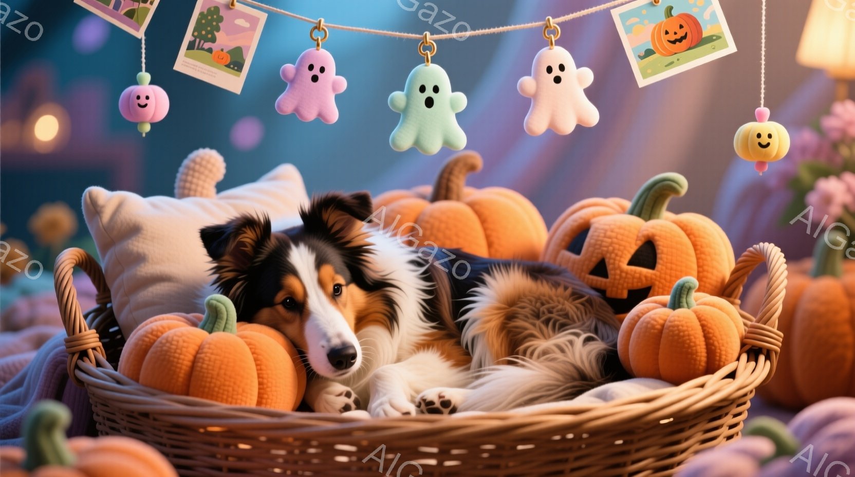 鮮やかなオレンジ色のカボチャに囲まれたバスケットの中で、茶色と白のボーダーコリーがリラックスして横たわっています。カボチャの周りには柔らかそうな毛布が敷かれ、頭上にはハロウィーンらしいゴーストとカボチ - AI生成フリー素材