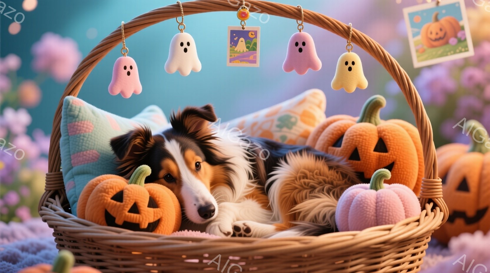 籐で編まれたバスケットの中に、茶色と黒のボーダー模様の毛並みが美しいコリー犬が横たわっています。犬はリラックスした表情で、オレンジ色とピンク色のハロウィーン風のかぼちゃのぬいぐるみや、お化けの飾り、写真に囲まれています。背景はぼやけたピンクと紫のグラデーションで、全体的に暖かく、可愛らしい雰囲気です。