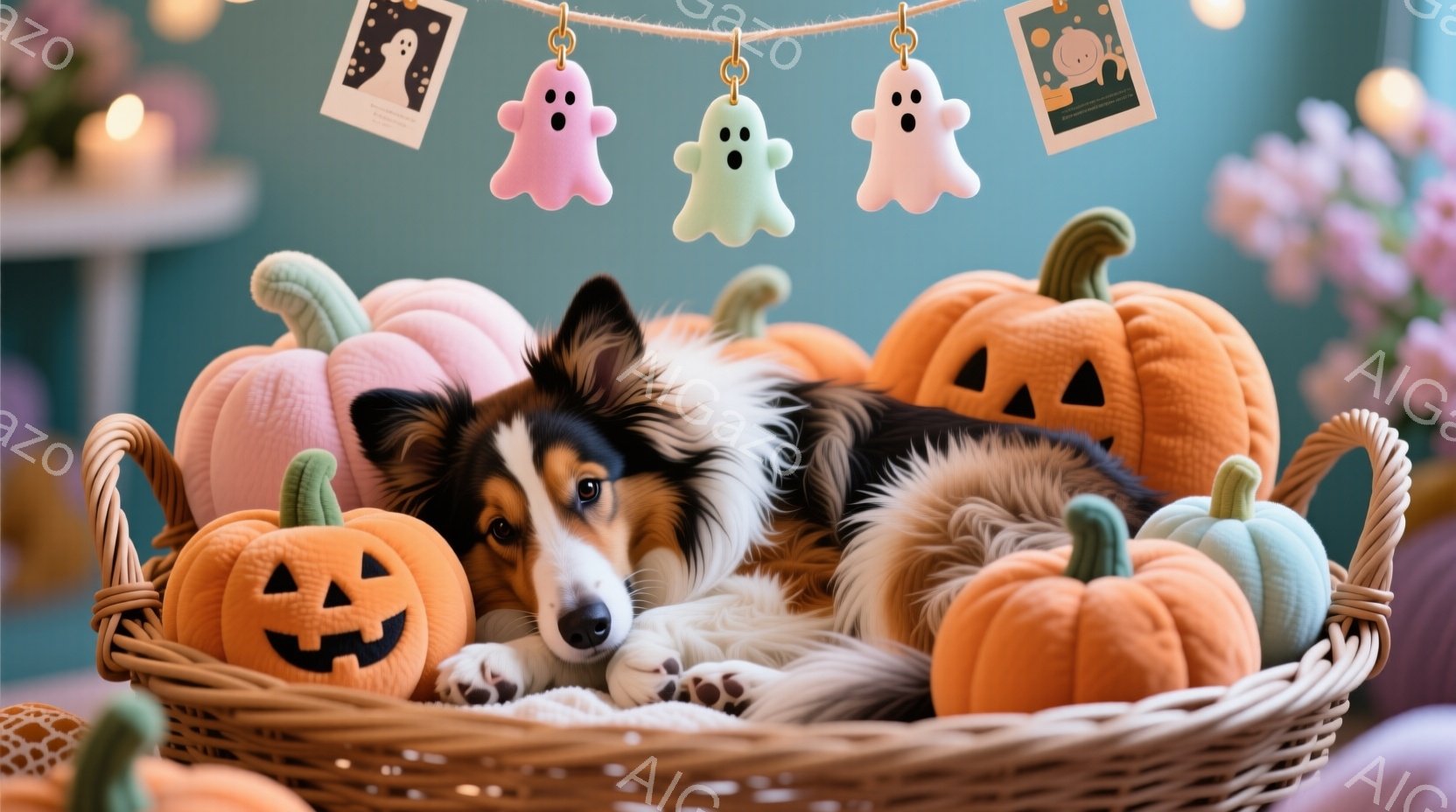 長毛のボーダーコリーが、ハロウィーンの装飾であるカボチャ型のクッションに囲まれた籐のバスケットの中に横たわっています。犬はリラックスした表情で、優雅な姿勢でクッションに寄りかかっています。背景には、ハ - AI生成フリー素材