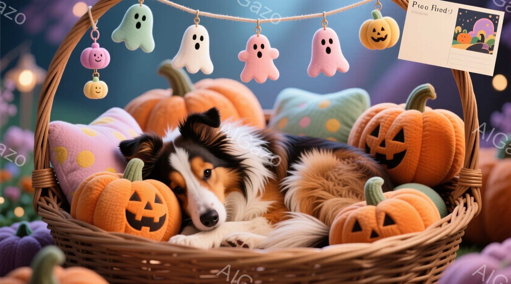 籐のバスケットの中に、オレンジと白の毛並みのボーダーコリーが可愛らしく横たわっています。周囲には、可愛らしいカボチャの形をしたクッションや、お化けの飾りなどが飾られ、ハロウィンの雰囲気を醸し出していま - AI生成フリー素材