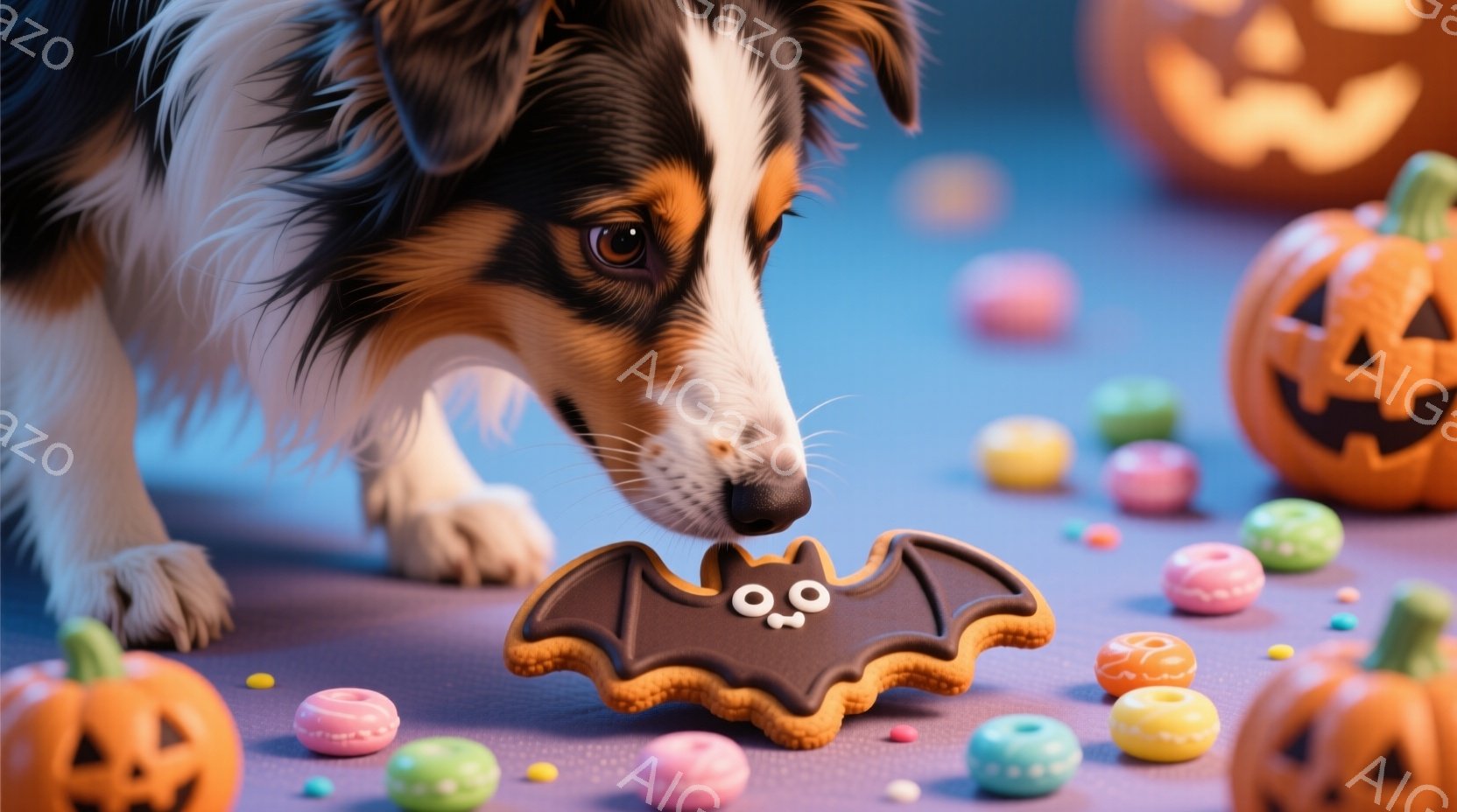 茶色と白の毛並みを持つボーダーコリーが、ハロウィーンをテーマにしたクッキーに鼻を近づけています。クッキーはコウモリの形をしており、背景にはカラフルなキャンディーと彫刻されたジャック・オ・ランタンが散り - AI生成フリー素材