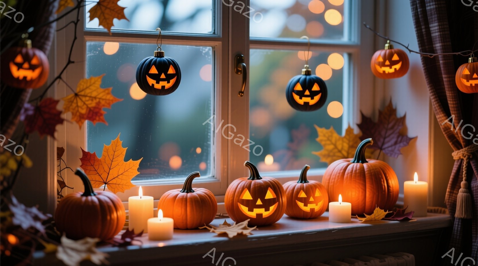 窓辺にハロウィーンの飾り付けが並んでいる。カボチャのランタンやキャンドル、紅葉の葉が暖かく優しい光の中で輝き、秋の雰囲気を感じさせる。背景はぼやけており、外の天候は不明だが、室内は穏やかで心地よい空間となっている。