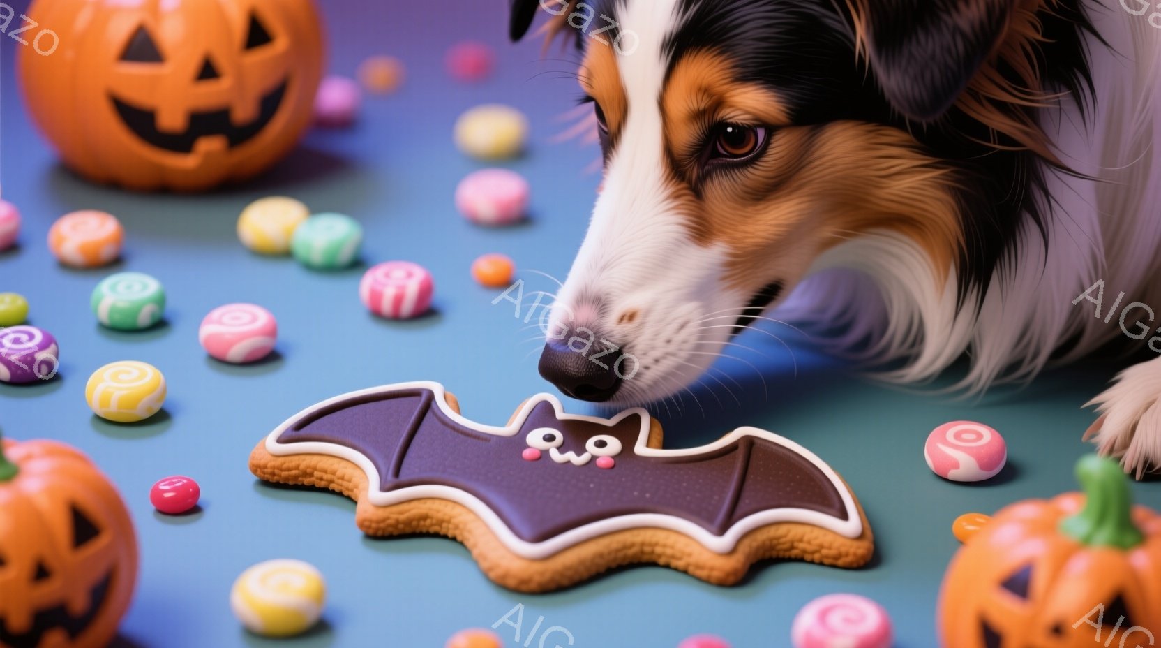 ハロウィーンをテーマにした画像で、茶色と白の毛並みを持つ犬が、クッキーのコウモリに鼻を近づけています。背景は明るい水色で、色とりどりのキャンディーと、ハロウィーンの飾りであるジャック・オー・ランタンが散らばっています。全体的に温かく、お祝いムードに満ちた雰囲気です。