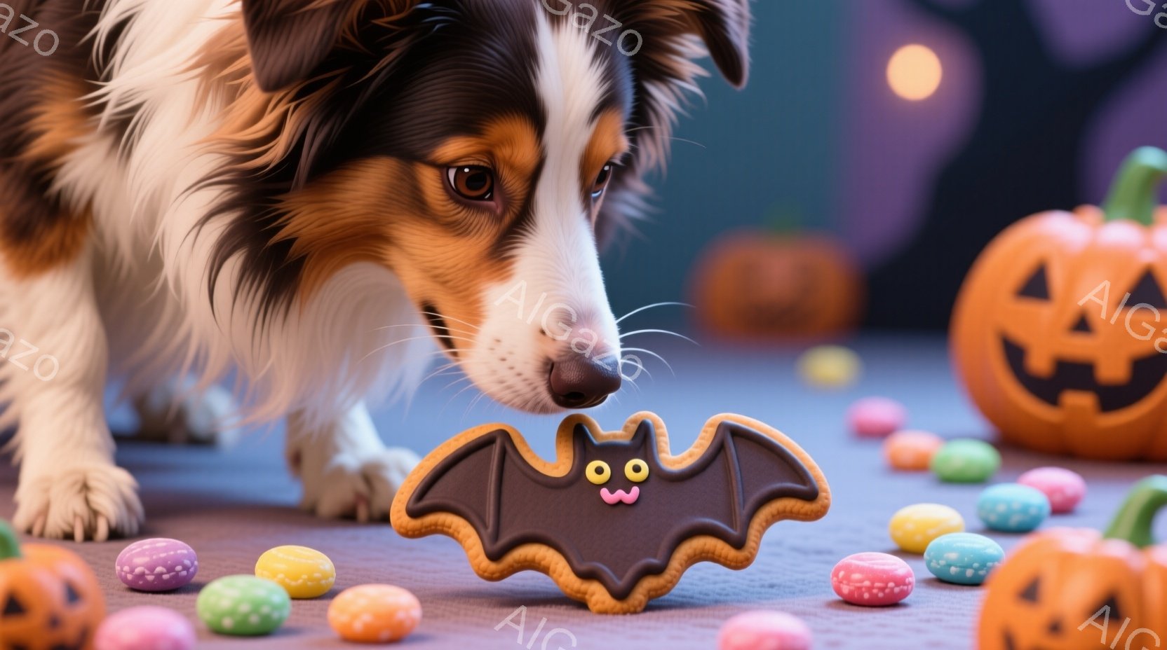 茶色の毛並みを持つ犬が、ハロウィーンをテーマにしたクッキーに鼻を近づけています。背景には、さまざまな色の丸いキャンディーと、ジャック・オ・ランタンが散りばめられており、お祝いの雰囲気が漂っています。全 - AI生成フリー素材