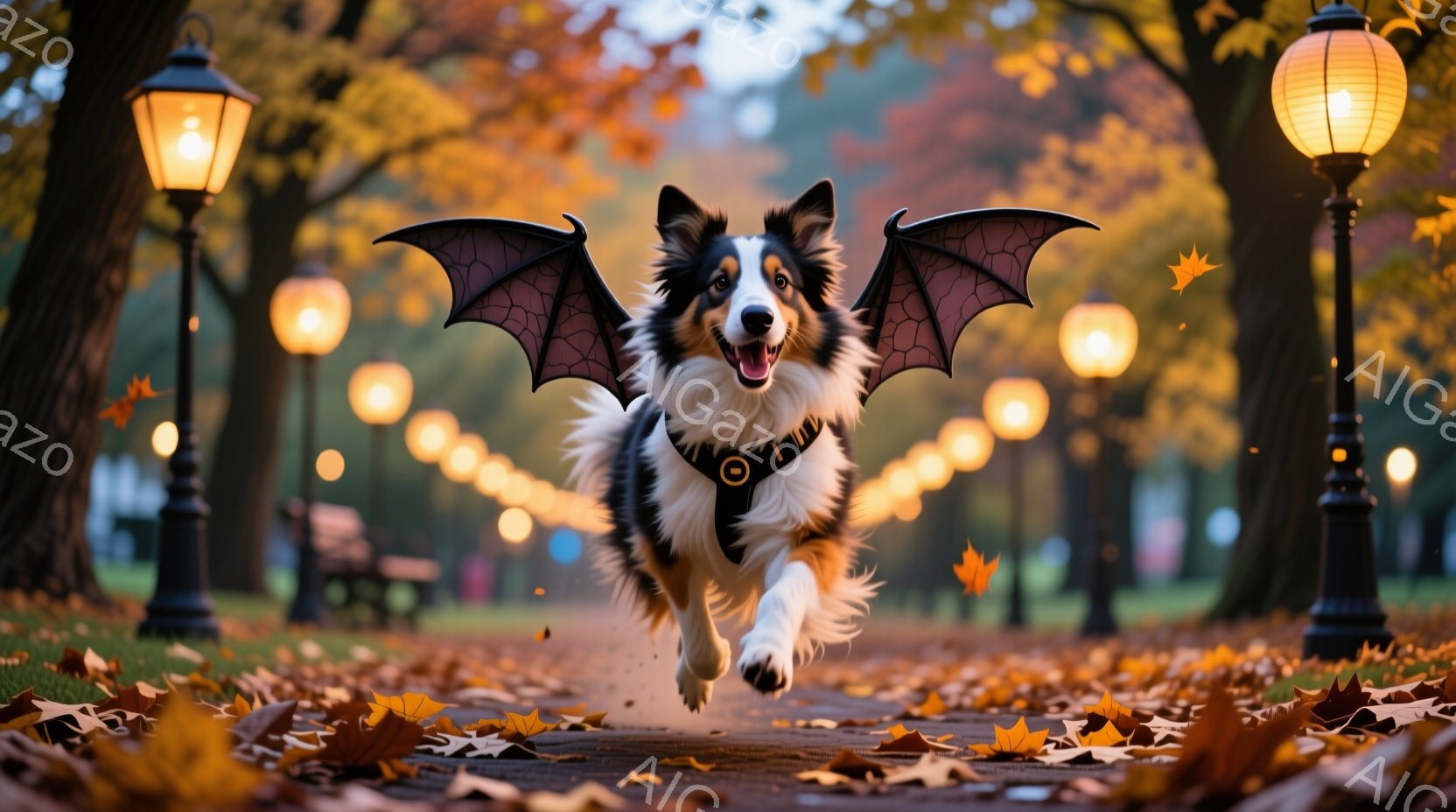 白と黒のボーダーコリーが、まるで飛んでいるかのように、公園の遊歩道を勢いよく駆け抜けている。ハロウィーンを思わせる黒い翼を背中に付けており、嬉しそうな表情で口を開けている。背景には落ち葉が散らばり、暖 - AI生成フリー素材