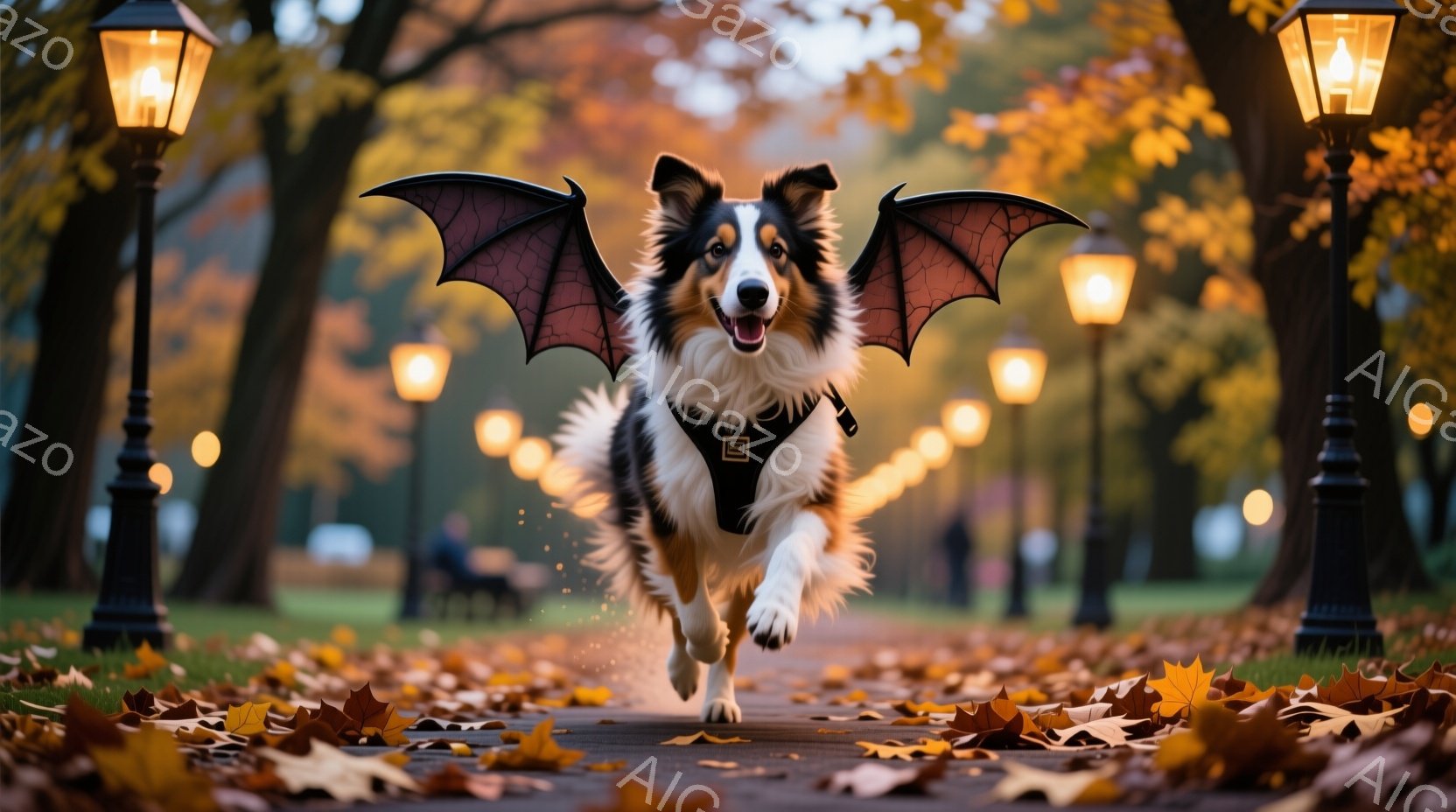 秋の公園を、翼をつけたボーダーコリーが駆けている姿が捉えられています。落葉が敷き詰められた遊歩道を、犬は勢いよく走り、その表情は楽しげで、まるで空を飛んでいるかのようです。背景には木々が立ち並び、夕暮 - AI生成フリー素材
