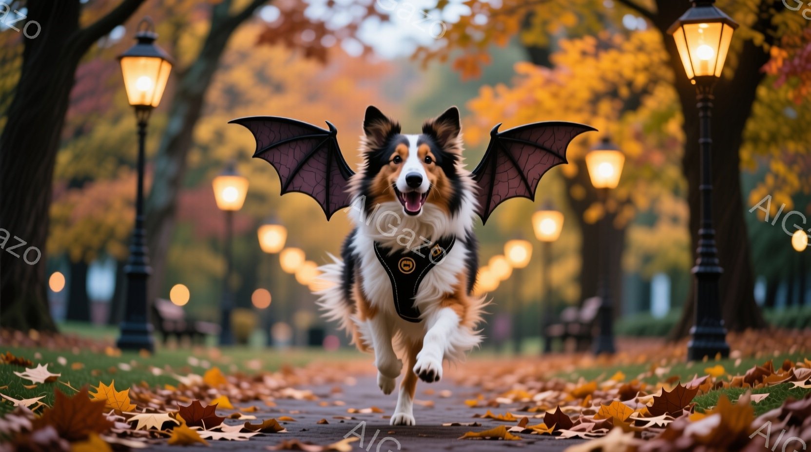 鮮やかな秋色の公園を、翼をつけたボーダーコリーが駆けている。犬はハーネスを装着し、楽しそうな表情で前方を向いている。背景には、黄葉した木々と街灯が並び、落ち葉が舞う温かく幻想的な雰囲気を醸し出している - AI生成フリー素材