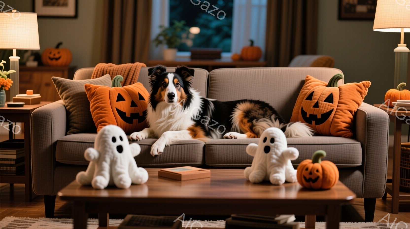 家族とカッタードッグが、ホロウィンの屋内でスポークリーで楽しむ、ハロウィンの雰囲気。派手なオリジナルデザインのゾウズペダルと炭水化物を持つ人形が注目すべき。