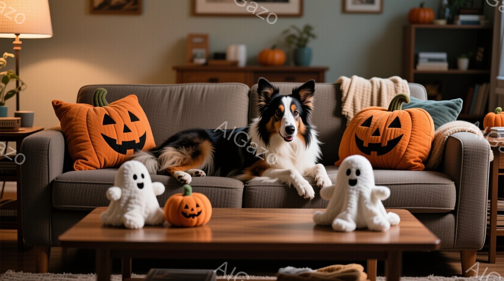 ソファにリラックスして横たわる、美しい毛並みのボーダーコリーが中央にいます。ハロウィーンの飾りとして、そばにはカボチャのクッションと可愛いお化けのぬいぐるみが置かれ、暖かく居心地の良い雰囲気を醸し出し - AI生成フリー素材