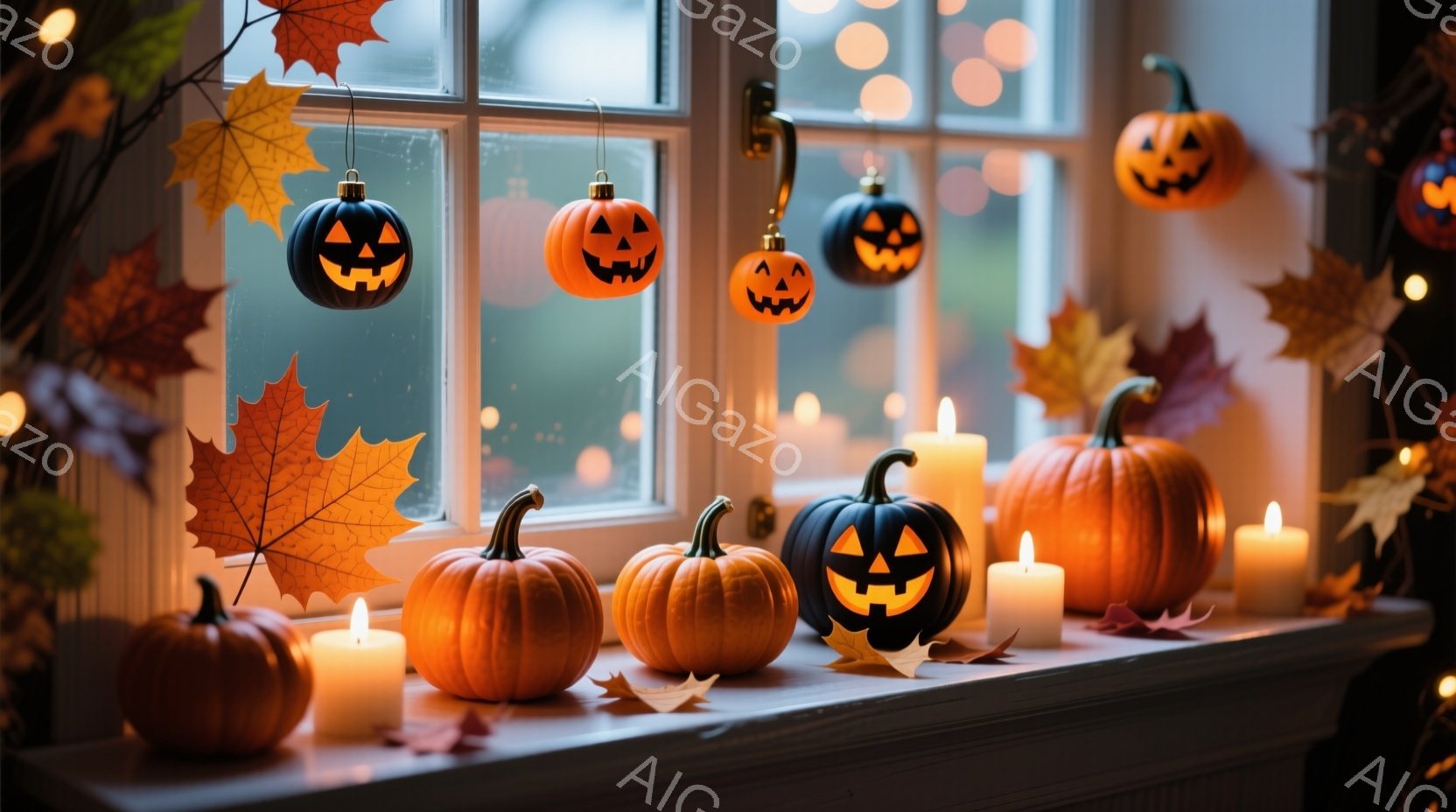窓辺にハロウィーンの装飾が並べられています。オレンジ色のカボチャの置物や、切り抜かれたカボチャのオーナメント、そして落ち葉が配置され、暖かい光を放つキャンドルがハロウィーンの雰囲気を盛り上げています。背景にはぼやけた街並みがわずかに見え、秋の穏やかな夜を予感させます。