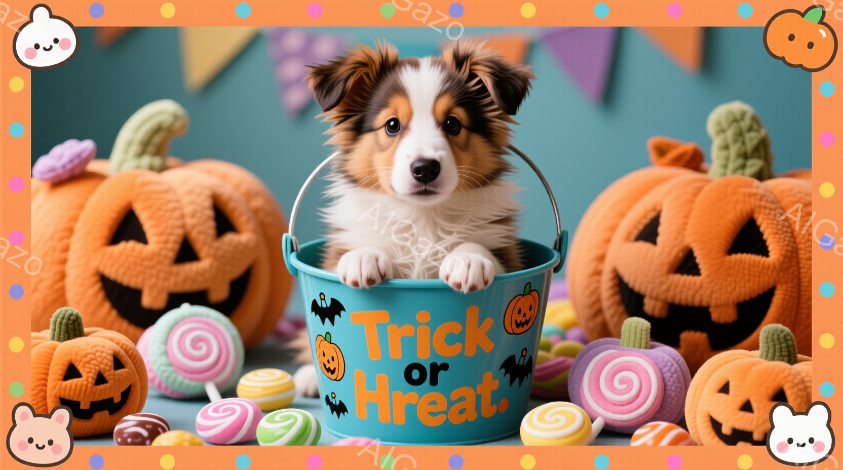 鮮やかなオレンジ色のハロウィーンバケツの中に、小さな子犬がちょこんと座っています。バケツには「Trick or Treat」の文字とカボチャの絵が描かれており、背景には様々なカラフルなハロウィーンのキ - AI生成フリー素材