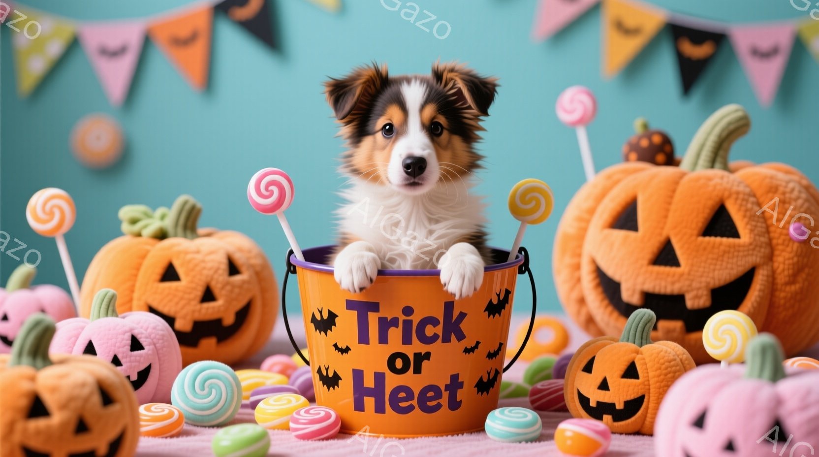 オレンジ色のハロウィーンのバケツに、茶色と白の毛並みを持つ子犬が座っています。バケツには「Trick or Treat」と書かれており、周囲にはカラフルなキャンディーや、様々な表情のジャック・オ・ラン - AI生成フリー素材