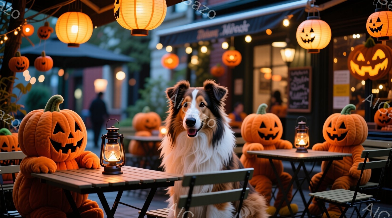ハロウィーンの装飾が施された屋外カフェに、美しいボーダーコリーが座っています。オレンジ色の提灯やカボチャの置物がカフェのテーブルを彩り、犬はリラックスした表情で正面を見つめています。夜のカフェは暖色系 - AI生成フリー素材