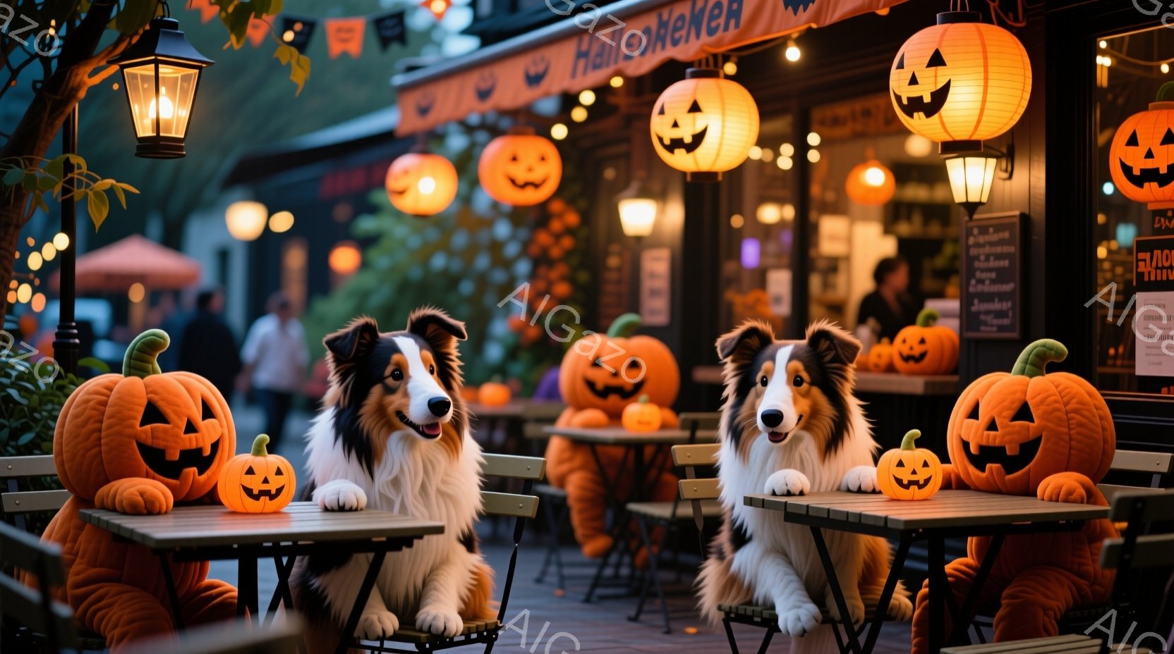 ハロウィーンの装飾が施されたカフェのテラス席に、二匹のコリー犬が座っています。犬たちはそれぞれ机の上に置かれたジャック・オ・ランタンを見つめ、興味津々とした表情を浮かべています。背景にはハロウィーンを - AI生成フリー素材