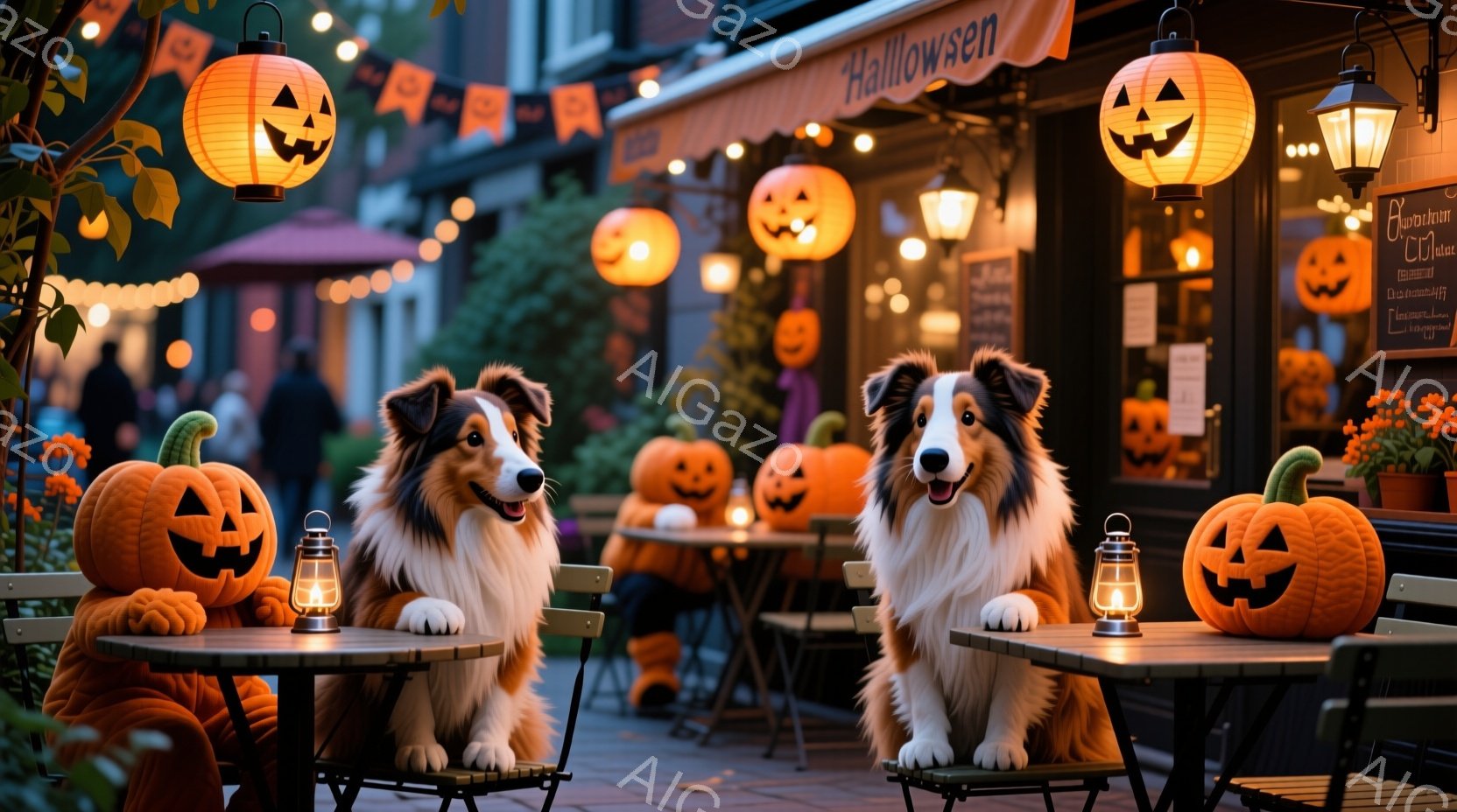 ハロウィーンの装飾が施された屋外カフェで、二匹のシェットランドシープドッグがそれぞれテーブルに着席している。オレンジ色の提灯やカボチャのランタンがカフェを飾り付け、秋の夜の温かく幻想的な雰囲気を醸し出 - AI生成フリー素材