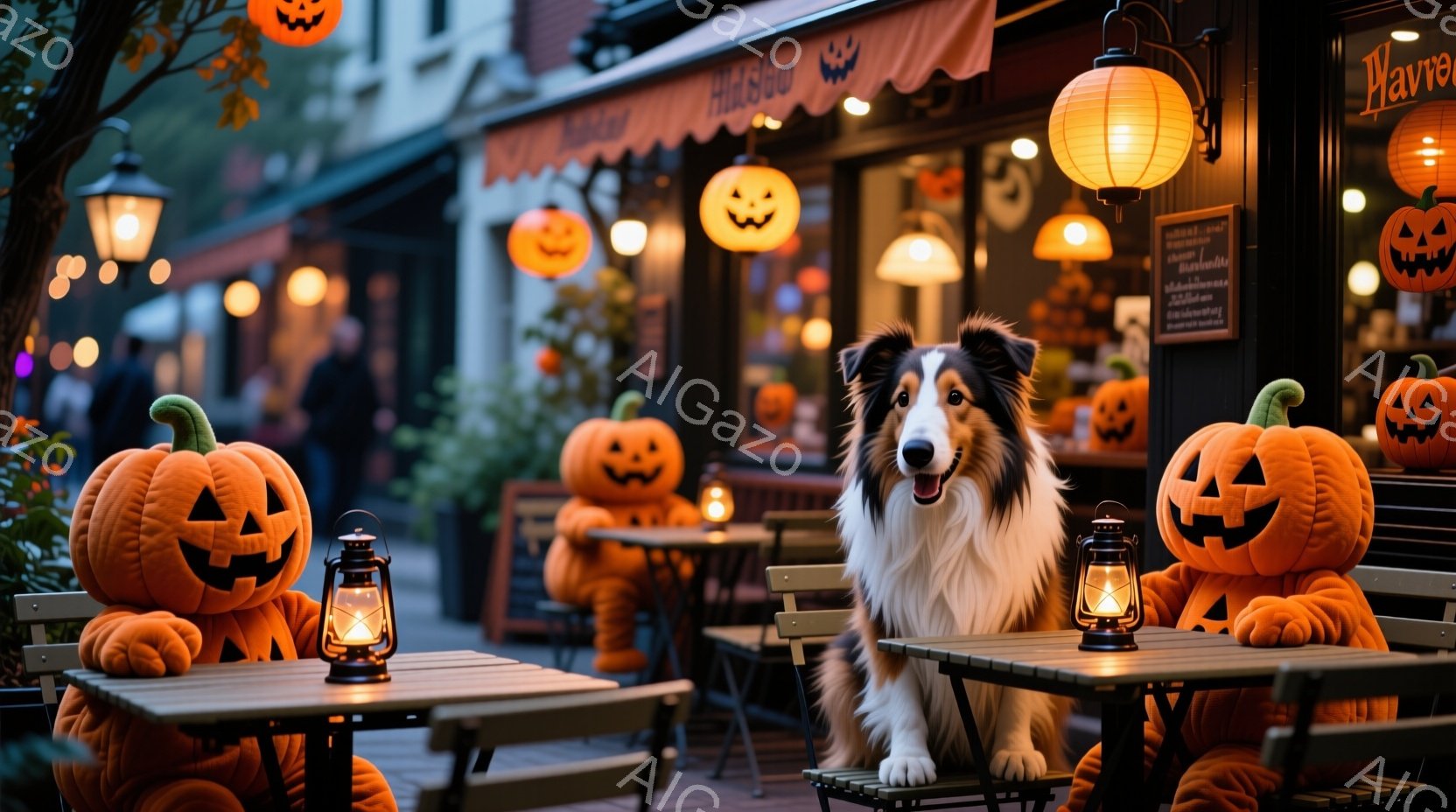 ハロウィーンの装飾が施されたカフェのテラス席に、美しいコリー犬が座っています。背景には、かぼちゃのランタンが並び、おしゃれなカフェの建物と、少し雨に濡れた石畳の道が見えます。全体的に、秋の夕暮れを感じさせる、温かく幻想的な雰囲気です。