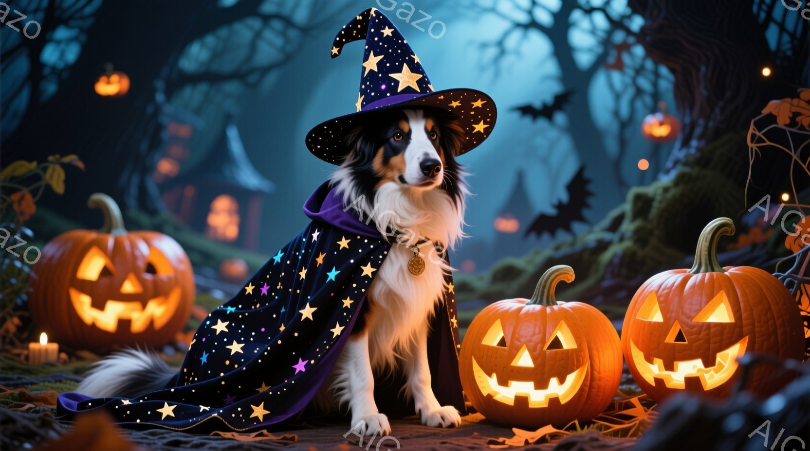 黒と白のボーダーコリーが、星が散りばめられた黒い魔法使いのローブと帽子を身に着けて座っています。背景には、不気味な光を放つジャック・オー・ランタンがいくつか並び、霧に包まれた暗い森が広がっています。全 - AI生成フリー素材