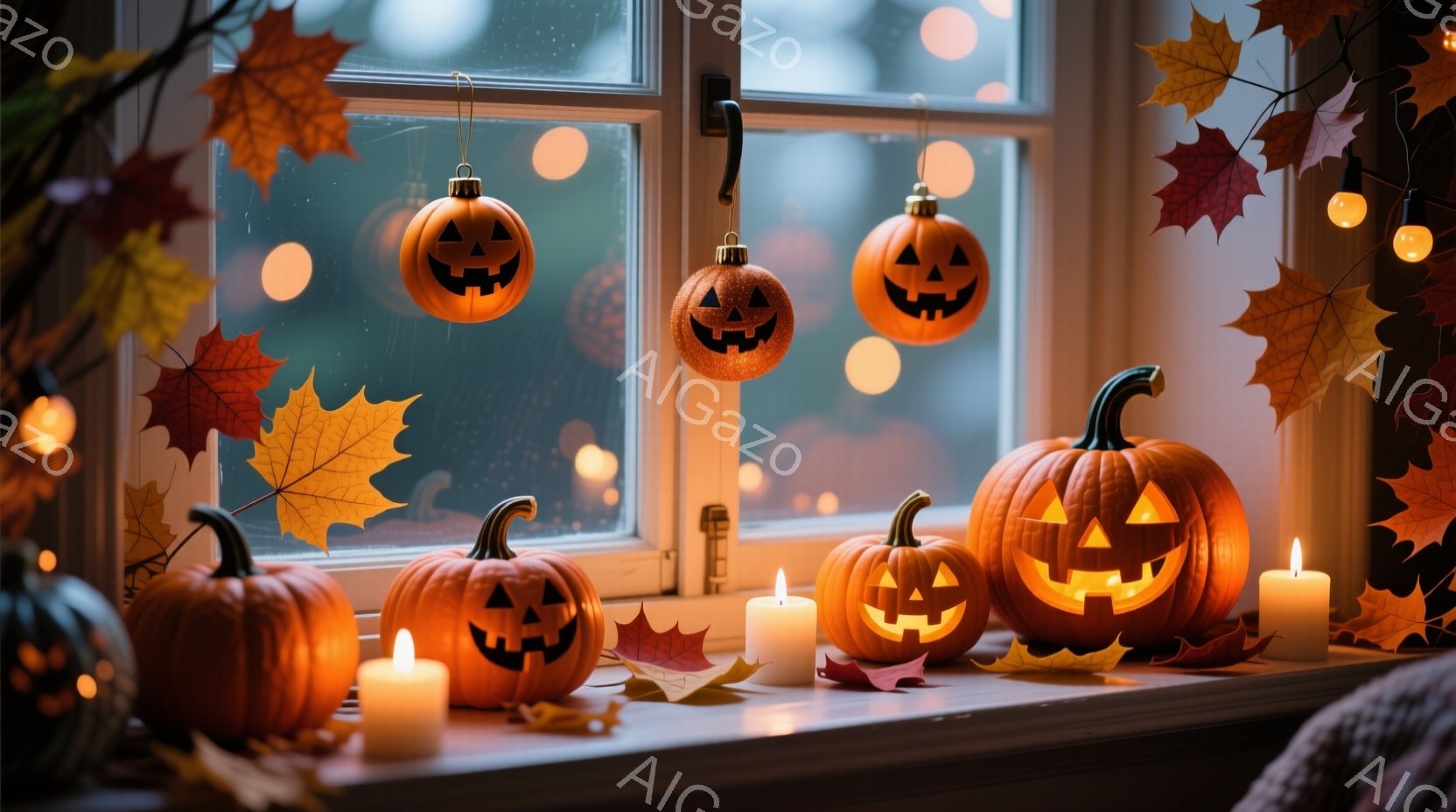 ハロウィーンの飾り付けが施された窓辺が写っている。彫刻が施されたカボチャのランタンや、落ち葉、揺らめくキャンドルが並べられており、暖かく幻想的な雰囲気を醸し出している。背景にはぼんやりとした街並みが見え、夜のハロウィーンの静けさと楽しさが感じられる。