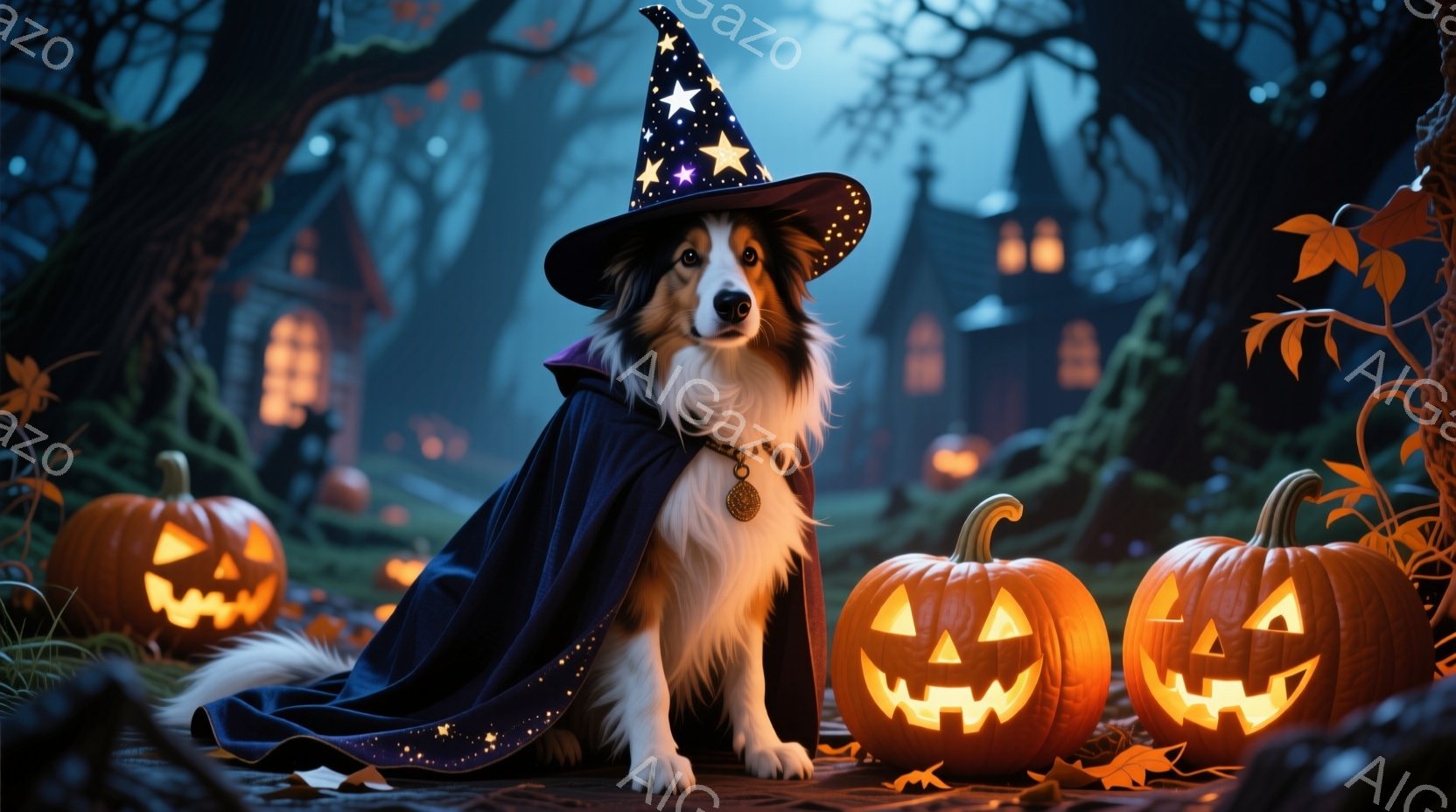 白い毛並みを持つボーダーコリーが、紫色のマントと星柄の魔女帽子を身に着けて座っています。その表情は穏やかで、首輪には金色のペンダントが付いています。背景には、ハロウィーンの夜を彩るように、明るく照らされたジャック・オー・ランタンと、遠くに見える不気味な屋敷が描かれており、全体的に幻想的で楽しい雰囲気が漂っています。