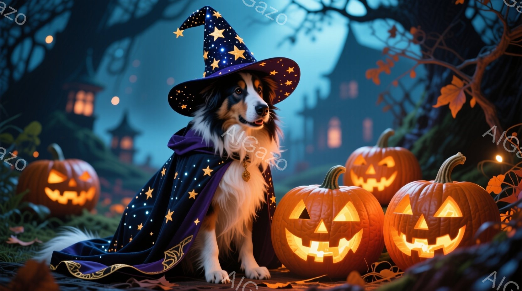 ハロウィンテーマを持つディズニー公式のポスターや映画ポスターなどと同じような印象を与える美しいストップモーション画像です。主要キャラクターは、人間の霊長類の姿を模した狗で、その頭には魔法使いのような帽 - AI生成フリー素材