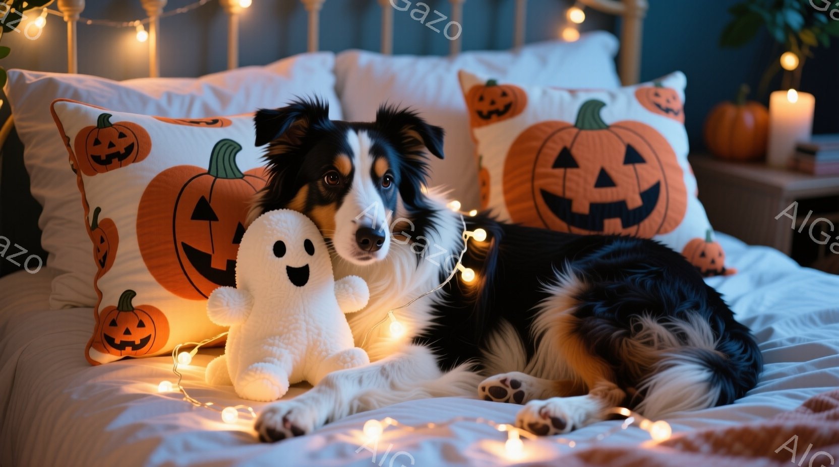 ベッドの上に、茶色と黒の毛並みを持つボーダーコリーが横たわっています。ハロウィーンをテーマにしたカボチャ柄の枕と、白いお化けのぬいぐるみと一緒に、リラックスした様子でカメラを見ています。背景には、ハロ - AI生成フリー素材
